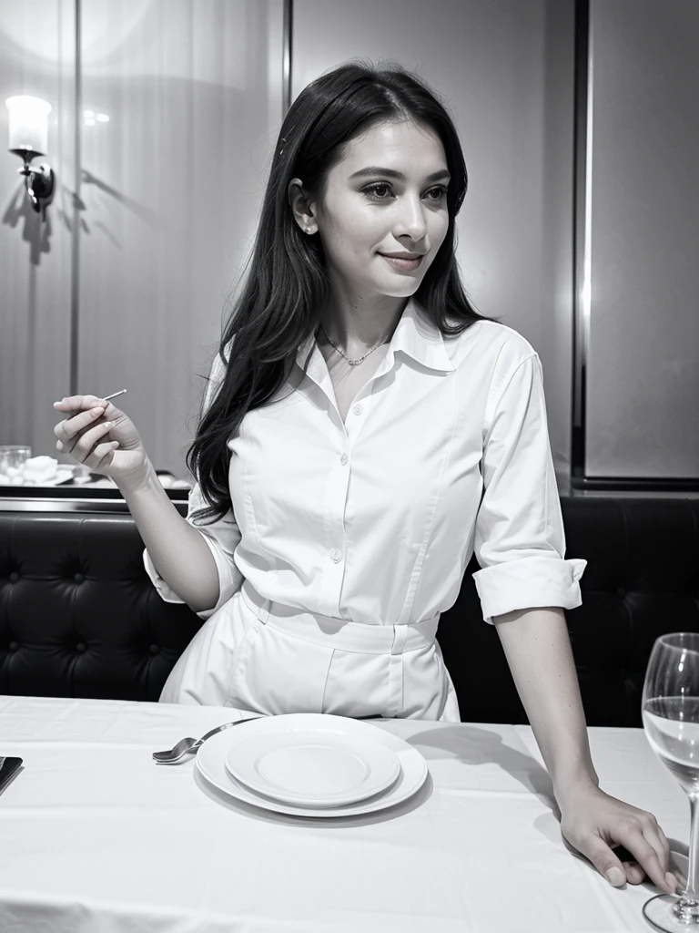 (best quality,4k,8k,highres,masterpiece:1.2),ultra-detailed,(realistic,photorealistic,photo-realistic:1.37),a girl,a waitress,a beautiful detailed face,a charming smile,expressive eyes,long eyelashes,wearing a white button-up shirt [button-up shirt],a black vest,serving tray in hand,fine dining atmosphere,elegant posture,sparkling accessories,overlooking a stylish restaurant,soft candlelight illuminates the scene,gorgeous table setting,reflections on the polished silverware,vibrant bouquet of flowers on the table,exquisite food presentation,fine wine glasses,subtle background music,classy restaurant interior,impeccable uniform,confident expression,high heels,professional attitude,busy but composed,relaxed atmosphere,artistic composition,realistic portrait,classic black and white photography.