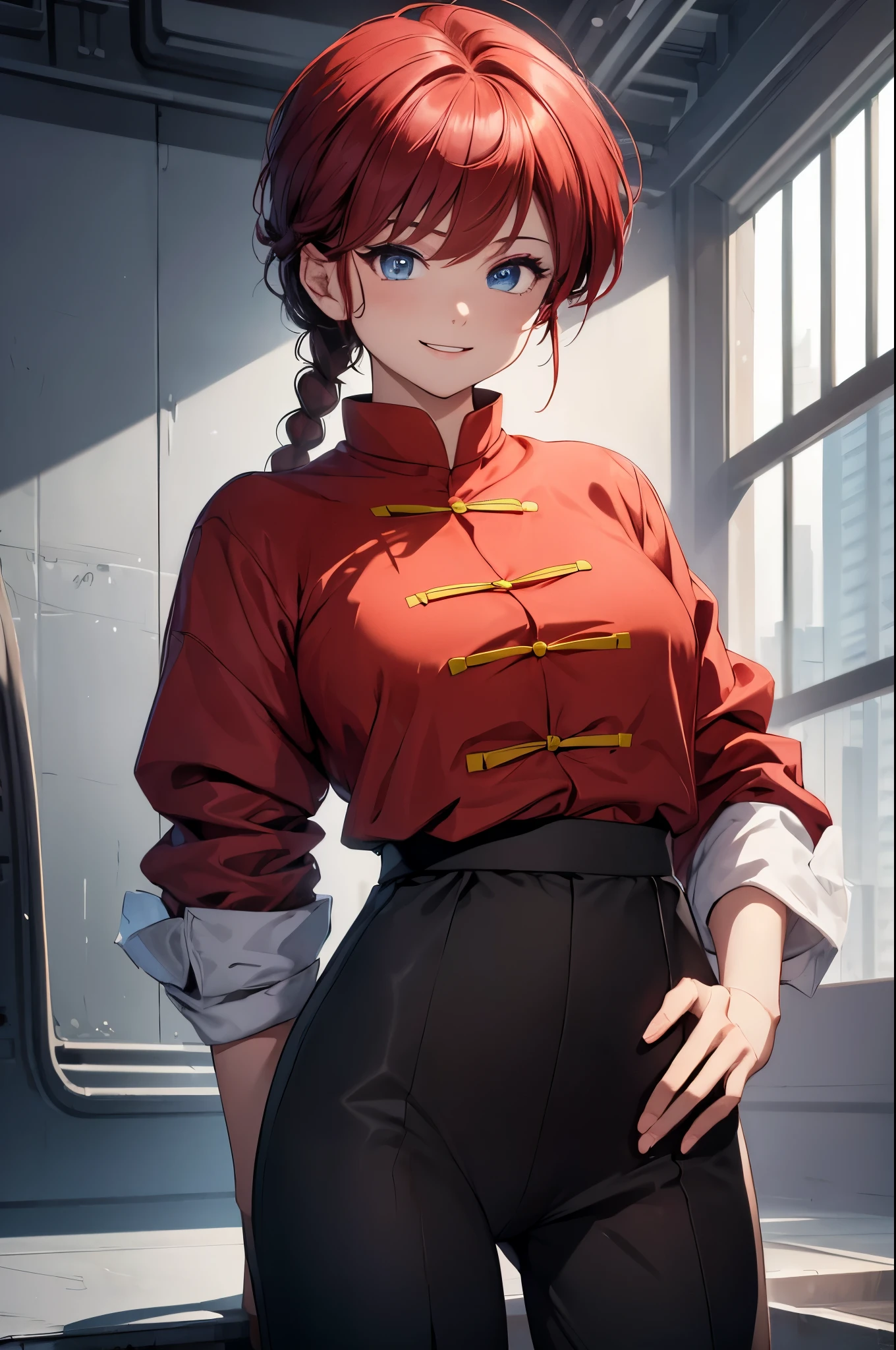 (masterpiece, best quality:1.2), expressive eyes, perfect face, highres, 1girl, solo, femaleranma, braided ponytail, chinese clothes, tangzhuang, black pants, smiling, hand on hip, standing, upper body, looking at the viewer