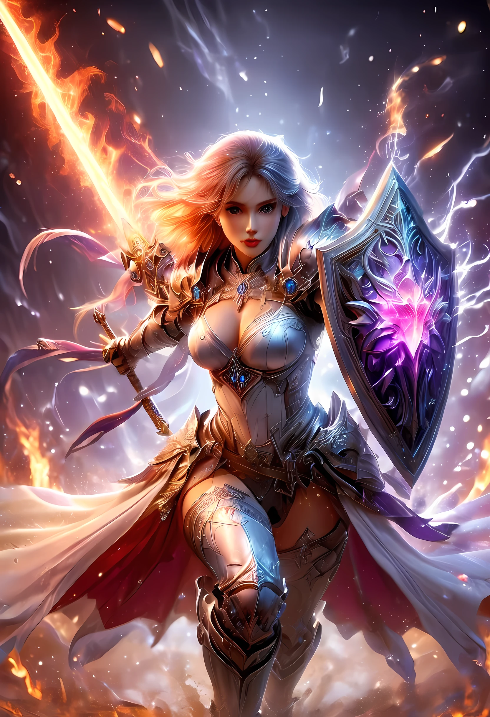 a picture of a female elf (intense details, Masterpiece, best quality: 1.5) fantasy swashbuckler, fantasy fencer, armed with a slim sword, shinning sword, metallic shine, colorful clothes, dynamic clothing, an ultra wide shot, full body (intense details, Masterpiece, best quality: 1.5)epic beautiful female elf (intense details, Masterpiece, best quality: 1.5), rich hair, braided hair, small pointed ears, GlowingRunes_pink [colorful magical sigils in the air],[ colorful arcane markings floating] (intricate details, Masterpiece, best quality: 1.6), holding a [sword] (intricate details, Masterpiece, best quality: 1.6) holding a [sword glowing in red light]fantasy urban street (intense details, Masterpiece, best quality: 1.5),  purple cloak, long cloak (intense details, Masterpiece, best quality: 1.5), sense of daring, sense of adventure,  high details, best quality, 8k, [ultra detailed], masterpiece, best quality, (extremely detailed), dynamic angle, ultra wide shot, photorealistic, RAW, fantasy art, dnd art,fantasy art, realistic art, faize, Sword and shield