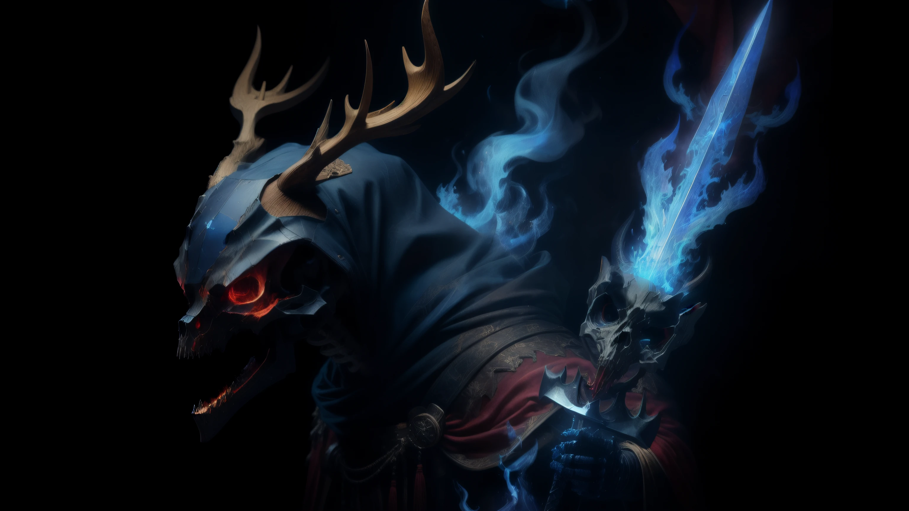 photorealestic,Deer skull mask,Head with blue flames,Upper body is a skeleton,The lower body is made of ossified bird claws,Wearing a pair of baggy black pants,Wearing a dark red cloak,Holding a long sword decorated with animal bones and emitting blue flames,k hd,Wallpapers