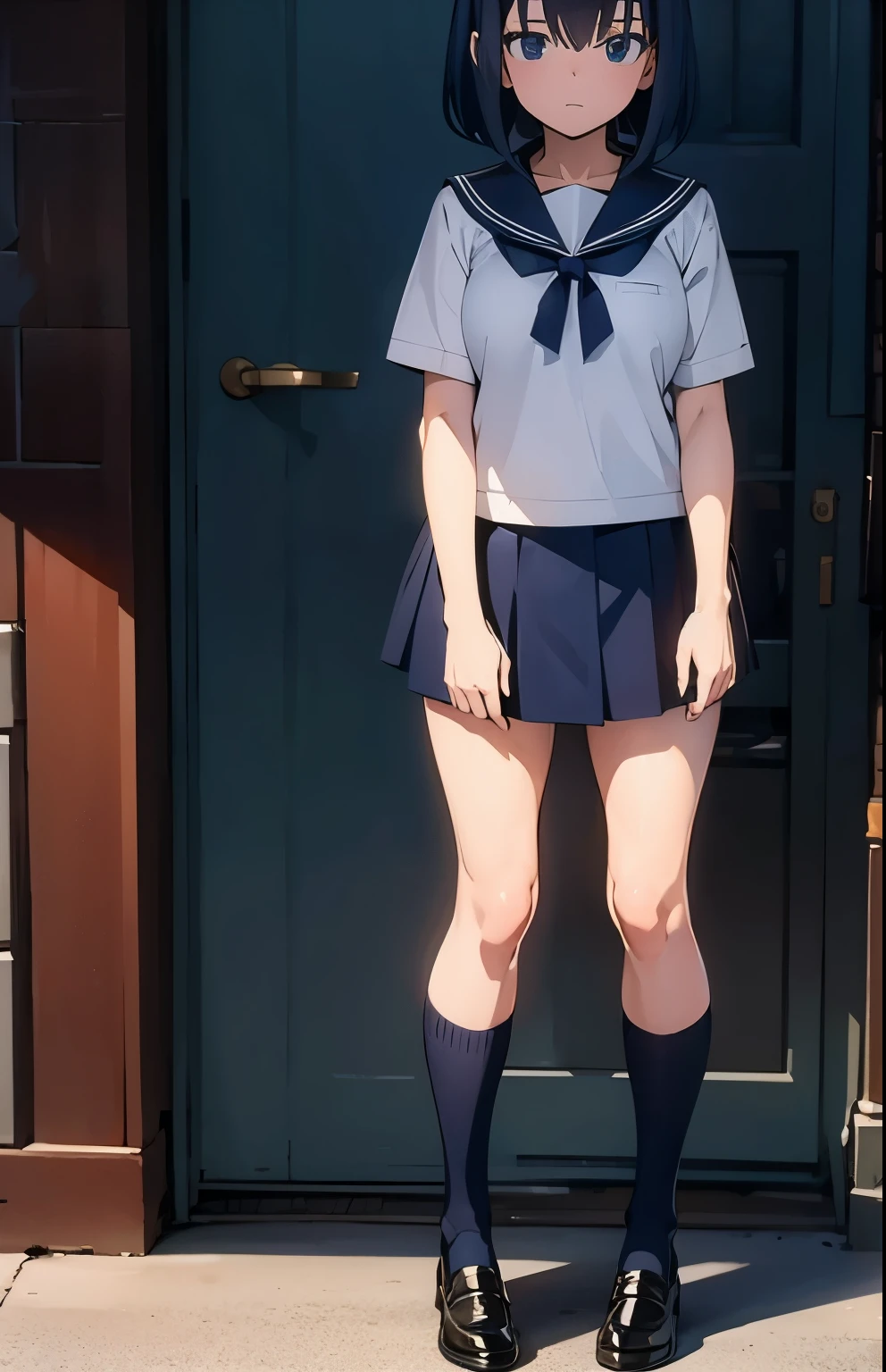 Perfect Naked、Navy Blue Hair、shy。NSFW。Front view、(high school girl, Big Breasts:0.4)、Slim Body。、Short-sleeved sailor uniform、A-Lined Skirt、Wearing a summer sweater。Over the knee socks、Absolute area、