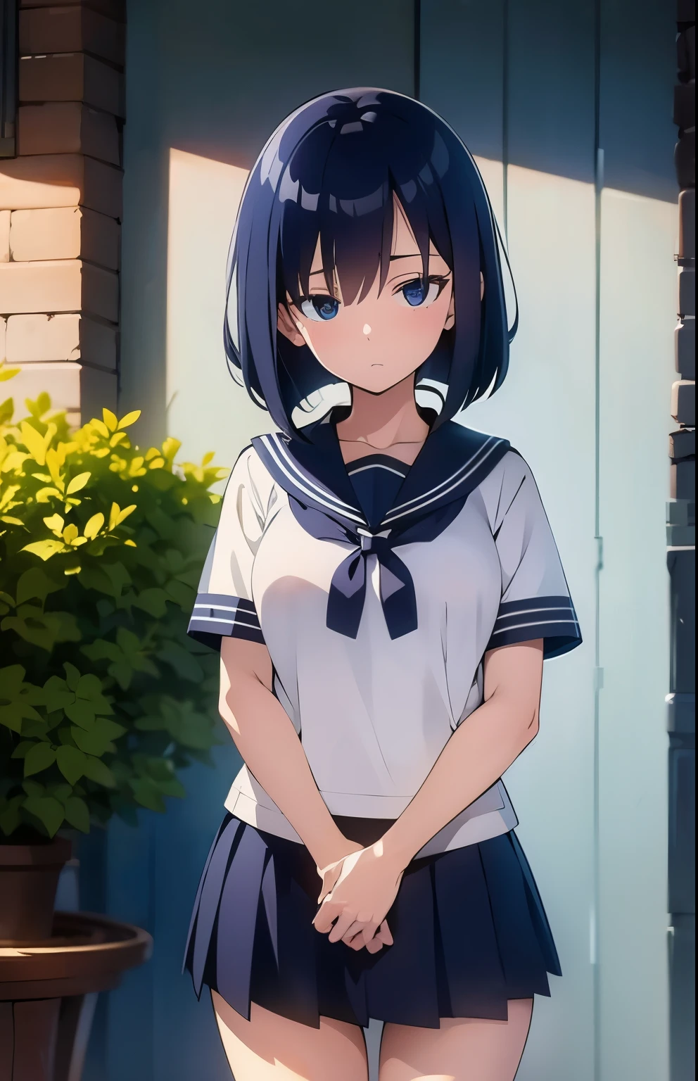 Perfect Naked、Navy Blue Hair、shy。NSFW。Front view、(high school girl, Big Breasts:0.4)、Slim Body。、Short-sleeved sailor uniform、Bardo skirt、Wearing a summer sweater。Knee socks、Absolute area、