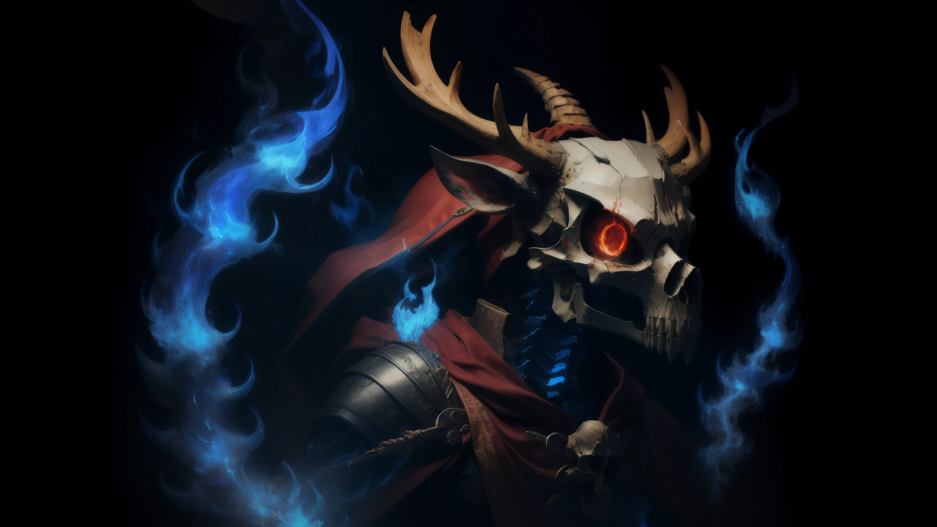 photorealestic，Deer skull mask，Head with blue flames，Upper body is a skeleton，The lower body is made of ossified bird claws，Wearing a pair of baggy black pants，Wearing a dark red cloak，Holding a long sword decorated with animal bones and emitting blue flames，k hd，Wallpapers