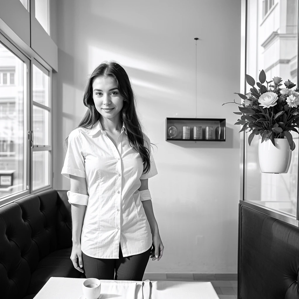 (best quality,4k,8k,highres,masterpiece:1.2),ultra-detailed,(realistic,photorealistic,photo-realistic:1.37),a girl,a waitress,a beautiful detailed face,a charming smile,expressive eyes,long eyelashes,wearing a white button-up shirt [button-up shirt],a black vest,serving tray in hand,fine dining atmosphere,elegant posture,sparkling accessories,overlooking a stylish restaurant,soft candlelight illuminates the scene,gorgeous table setting,reflections on the polished silverware,vibrant bouquet of flowers on the table,exquisite food presentation,fine wine glasses,subtle background music,classy restaurant interior,impeccable uniform,confident expression,high heels,professional attitude,busy but composed,relaxed atmosphere,artistic composition,realistic portrait,classic black and white photography.