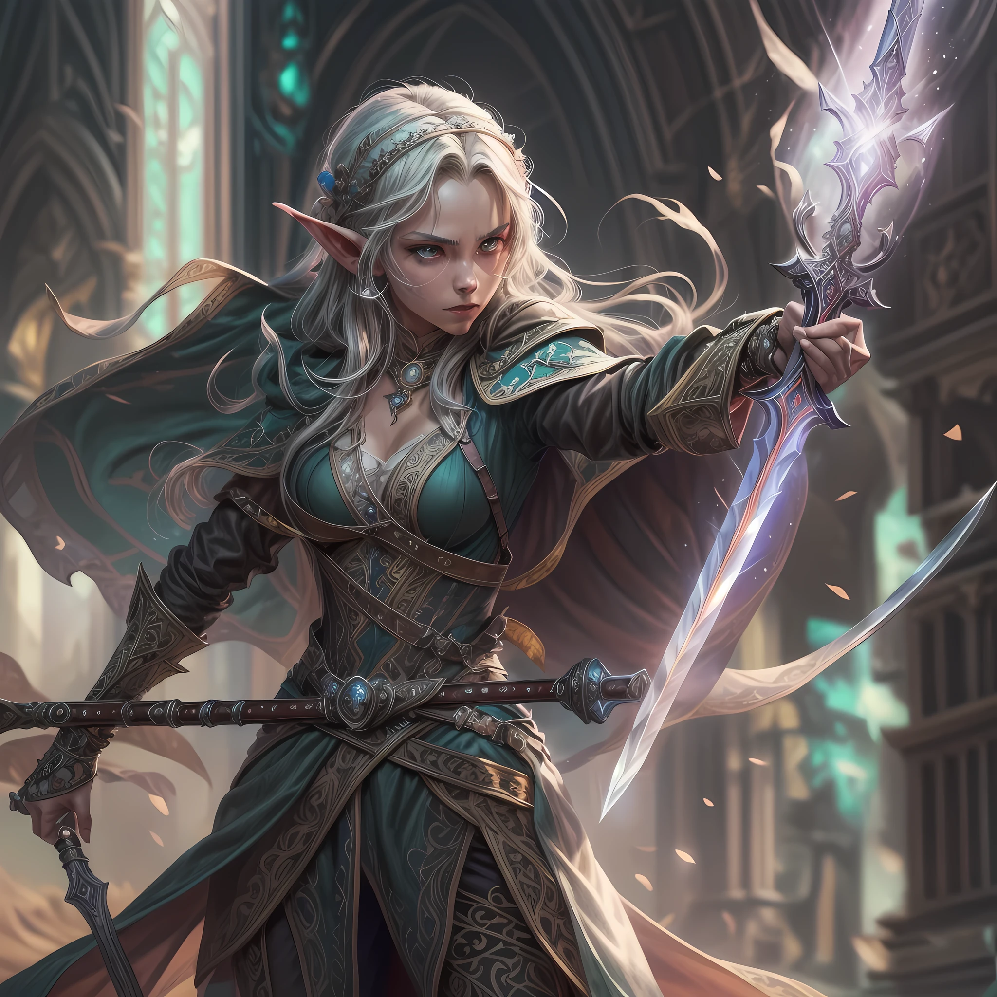 a picture of a female elf (intense details, Masterpiece, best quality: 1.5) fantasy swashbuckler, fantasy fencer, armed with a slim sword, shinning sword, metallic shine, colorful clothes, dynamic clothing, an ultra wide shot, full body (intense details, Masterpiece, best quality: 1.5)epic beautiful female elf (intense details, Masterpiece, best quality: 1.5), rich hair, braided hair, small pointed ears, GlowingRunes_pink [colorful magical sigils in the air],[ colorful arcane markings floating] (intricate details, Masterpiece, best quality: 1.6), holding a [sword] (intricate details, Masterpiece, best quality: 1.6) holding a [sword glowing in red light]fantasy urban street (intense details, Masterpiece, best quality: 1.5),  purple cloak, long cloak (intense details, Masterpiece, best quality: 1.5), sense of daring, sense of adventure,  high details, best quality, 8k, [ultra detailed], masterpiece, best quality, (extremely detailed), dynamic angle, ultra wide shot, photorealistic, RAW, fantasy art, dnd art,fantasy art, realistic art, fantasysword sword