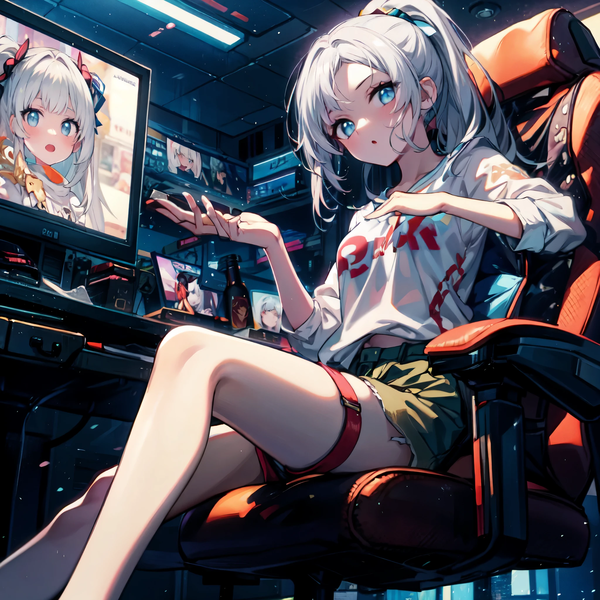 anime style, 1girl, white skin, teen, blue eyes, detailed eyes, small breasts, long hair, ponytail, white hair, no bangs, show forehead, lazy face, Gaming Chair, oversized shirt, dolphin shorts, (looking at viewer), (feet out of frame), Gaming girl, (best quality), (masterpiece), (Highly detailed), (very high resolution), (absurdres absolutely resolution), (8k), (detailed beautiful face), (detailed illustration), (super fine illustration), (vibrant color), (professional lighting), nice hands, perfect hands, more_details:0.5