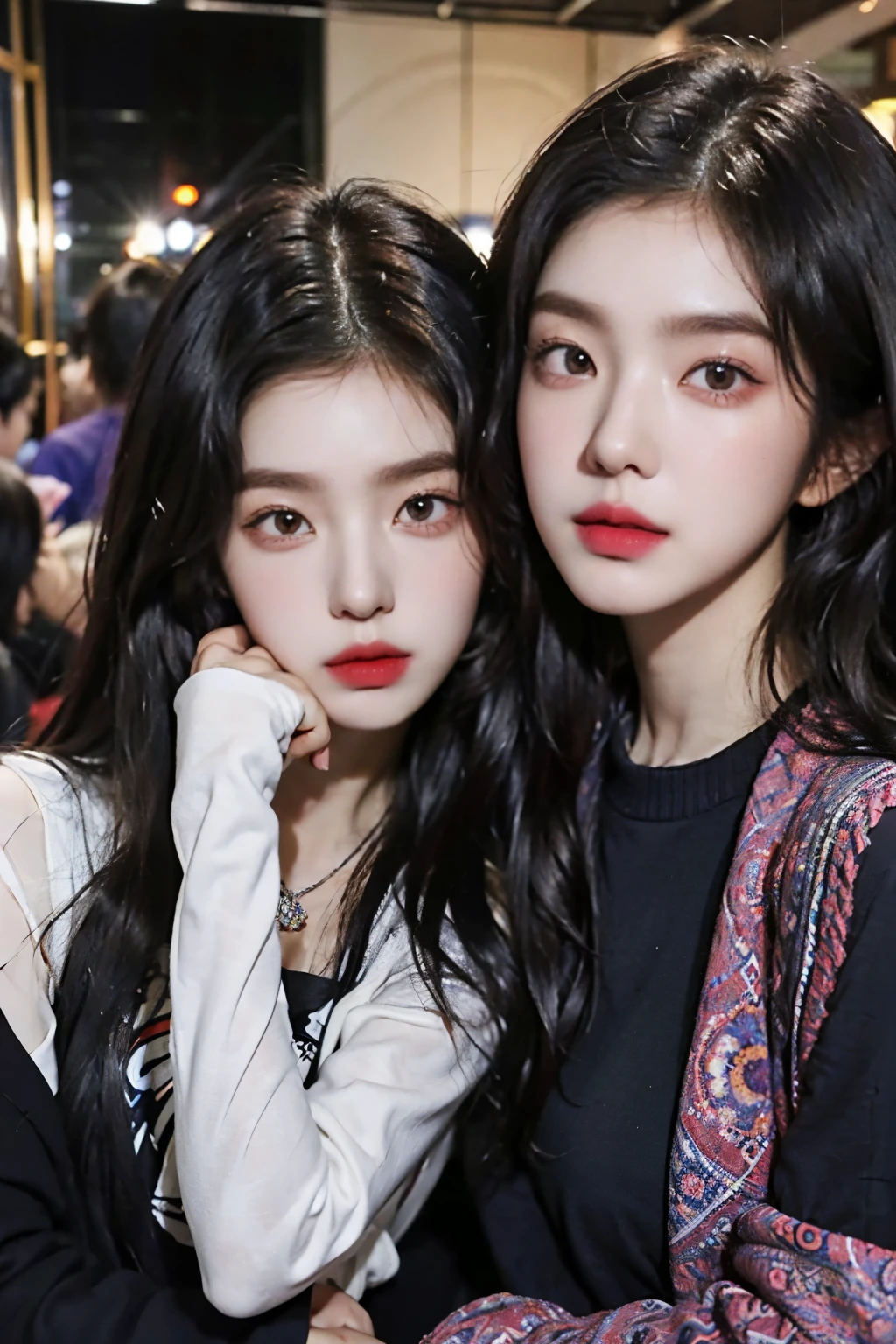 Two araped women with long black hair dressed in multi-colored fashionable clothes, twins, Popular fashion in Korea, Cerveza Soft Devil Queen Madison, Violet Myers, No makeup, wavy hair, Madison Beer, without makeup, Profile picture, Use Instagram Filters, Subtle soft and dim light, perfect face, julia sardinian, perfect hands,