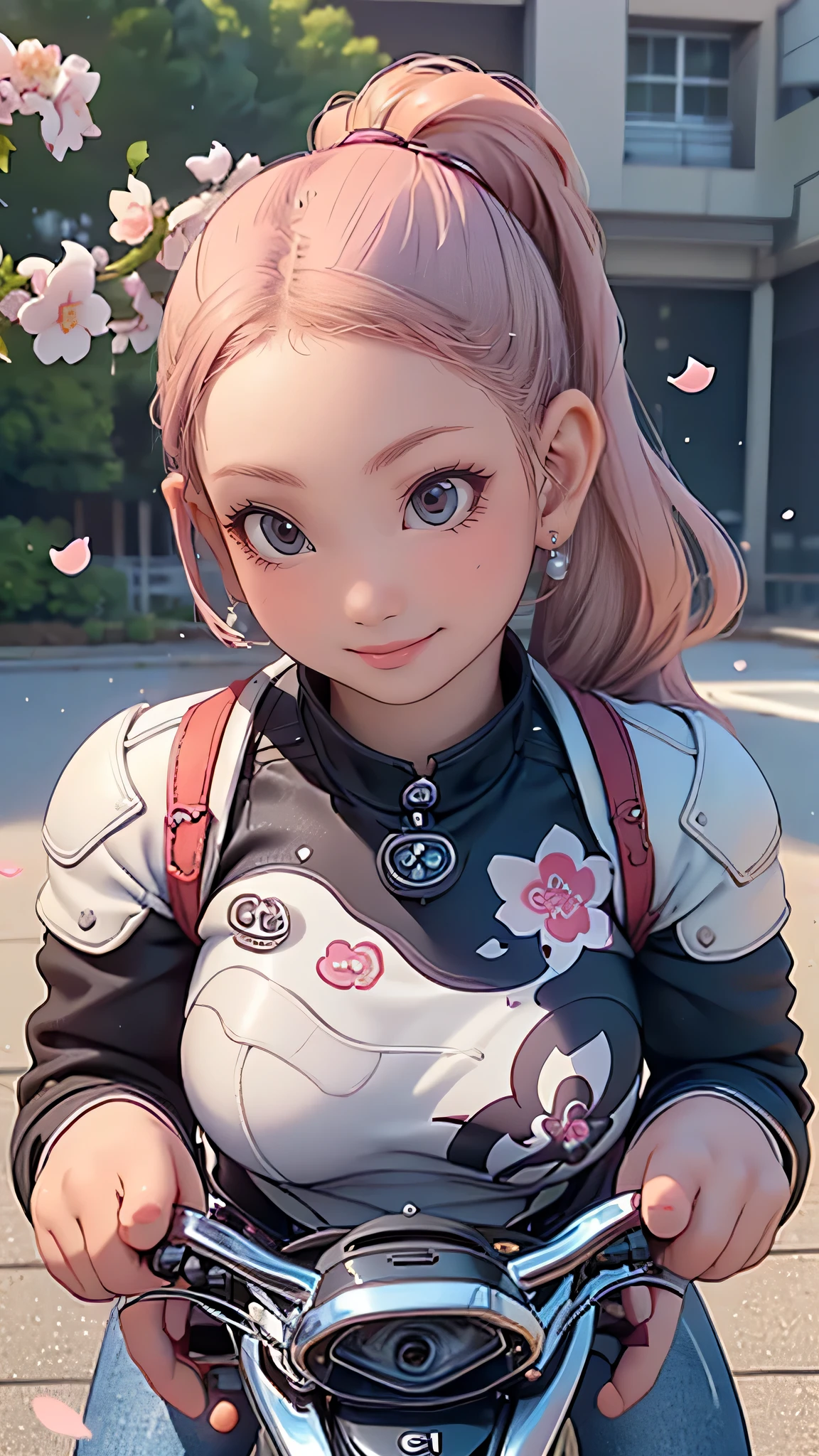 (girl riding a motorcycle:1.2),A park where cherry blossoms dance,high school girl,(random cute pose),(random hairstyle),(Highest image quality,(8K), Ultra-realistic, Best Quality, High quality, High Definition, high quality texture, high detailing, Beautiful detailed, fine detailed, extremely details CG, Detailed texture, realistic representation of face, masterpiece, presence)