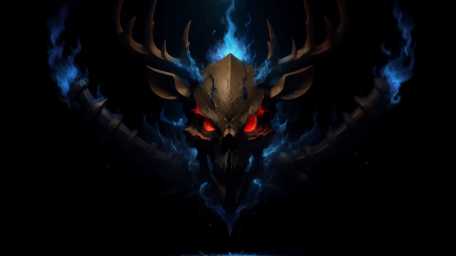 photorealestic,Deer skull mask,Head with blue flames,Upper body is a skeleton,The lower body is made of ossified bird claws,Wearing a pair of baggy black pants,Wearing a dark red cloak,Holding a long sword decorated with animal bones and emitting blue flames,k hd,Wallpapers