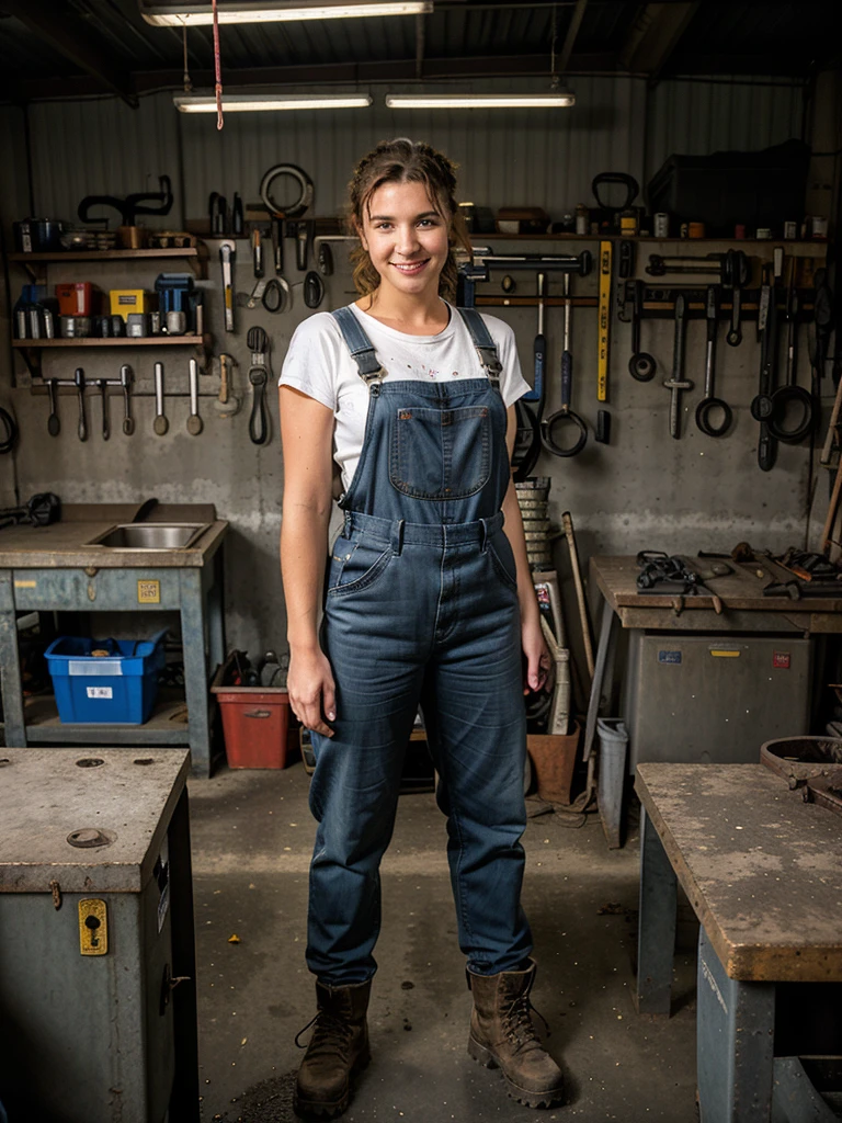 beautiful girl dressed as a mechanic in mechanic overalls inside a workshop,girl with attractive appearance,bright smile,strong and confident gaze,curly hair tied back,grease-stained hands,wrench in hand,dirty and worn-out work boots,working on a car engine,leaning against a toolbox,standing next to a car lift,tools scattered on the workbench,rows of tool drawers,workbench filled with car parts and tools,concrete floor covered in oil stains,well-lit workshop with large windows,vibrant colors and high contrast,photorealistic with sharp details and textures