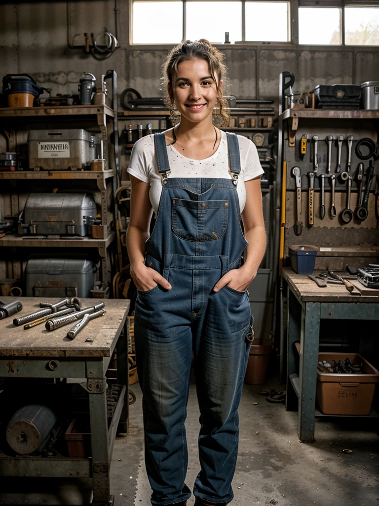 beautiful girl dressed as a mechanic in mechanic overalls inside a workshop,girl with attractive appearance,bright smile,strong and confident gaze,curly hair tied back,grease-stained hands,wrench in hand,dirty and worn-out work boots,working on a car engine,leaning against a toolbox,standing next to a car lift,tools scattered on the workbench,rows of tool drawers,workbench filled with car parts and tools,concrete floor covered in oil stains,well-lit workshop with large windows,vibrant colors and high contrast,photorealistic with sharp details and textures