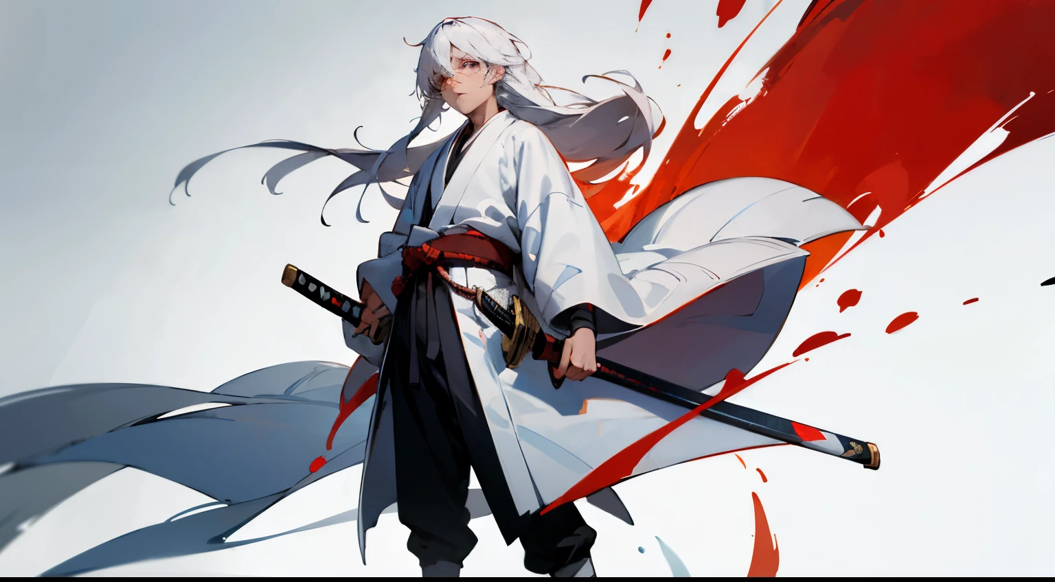 masterpiece, best quality, high resolution, anime style, male, whole body, Anime Character, Long hair, White hair, Blindness in the left eye, Bandage on the left eye,Red pupil,Samurai sword,Standing