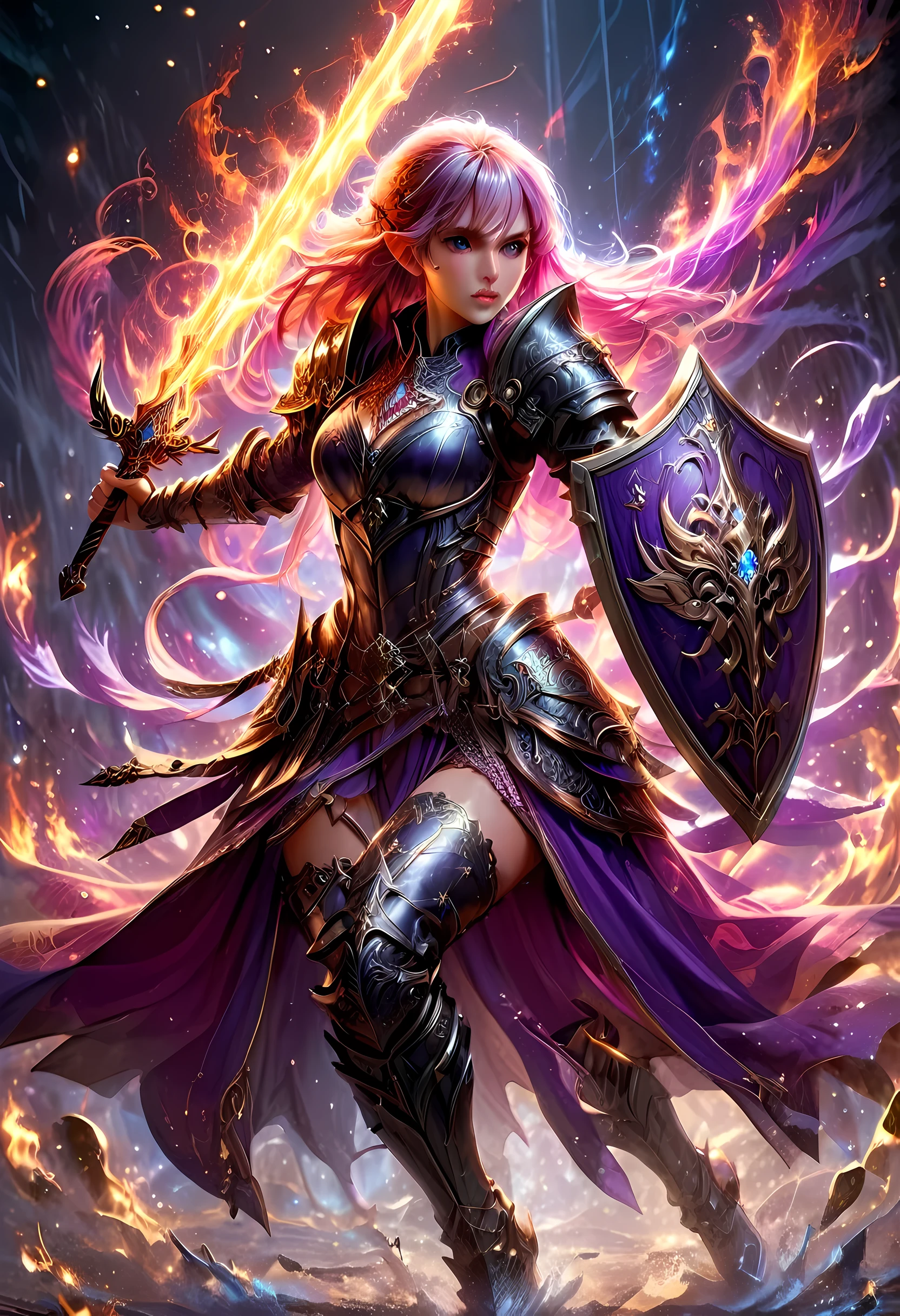 a picture of a female elf (intense details, Masterpiece, best quality: 1.5) fantasy swashbuckler, fantasy fencer, armed with a slim sword, shinning sword, metallic shine, colorful clothes, dynamic clothing, an ultra wide shot, full body (intense details, Masterpiece, best quality: 1.5)epic beautiful female elf (intense details, Masterpiece, best quality: 1.5), rich hair, braided hair, small pointed ears, GlowingRunes_pink [colorful magical sigils in the air],[ colorful arcane markings floating] (intricate details, Masterpiece, best quality: 1.6), holding a [sword] (intricate details, Masterpiece, best quality: 1.6) holding a [sword glowing in red light]fantasy urban street (intense details, Masterpiece, best quality: 1.5),  purple cloak, long cloak (intense details, Masterpiece, best quality: 1.5), sense of daring, sense of adventure,  high details, best quality, 8k, [ultra detailed], masterpiece, best quality, (extremely detailed), dynamic angle, ultra wide shot, photorealistic, RAW, fantasy art, dnd art,fantasy art, realistic art, faize, Sword and shield