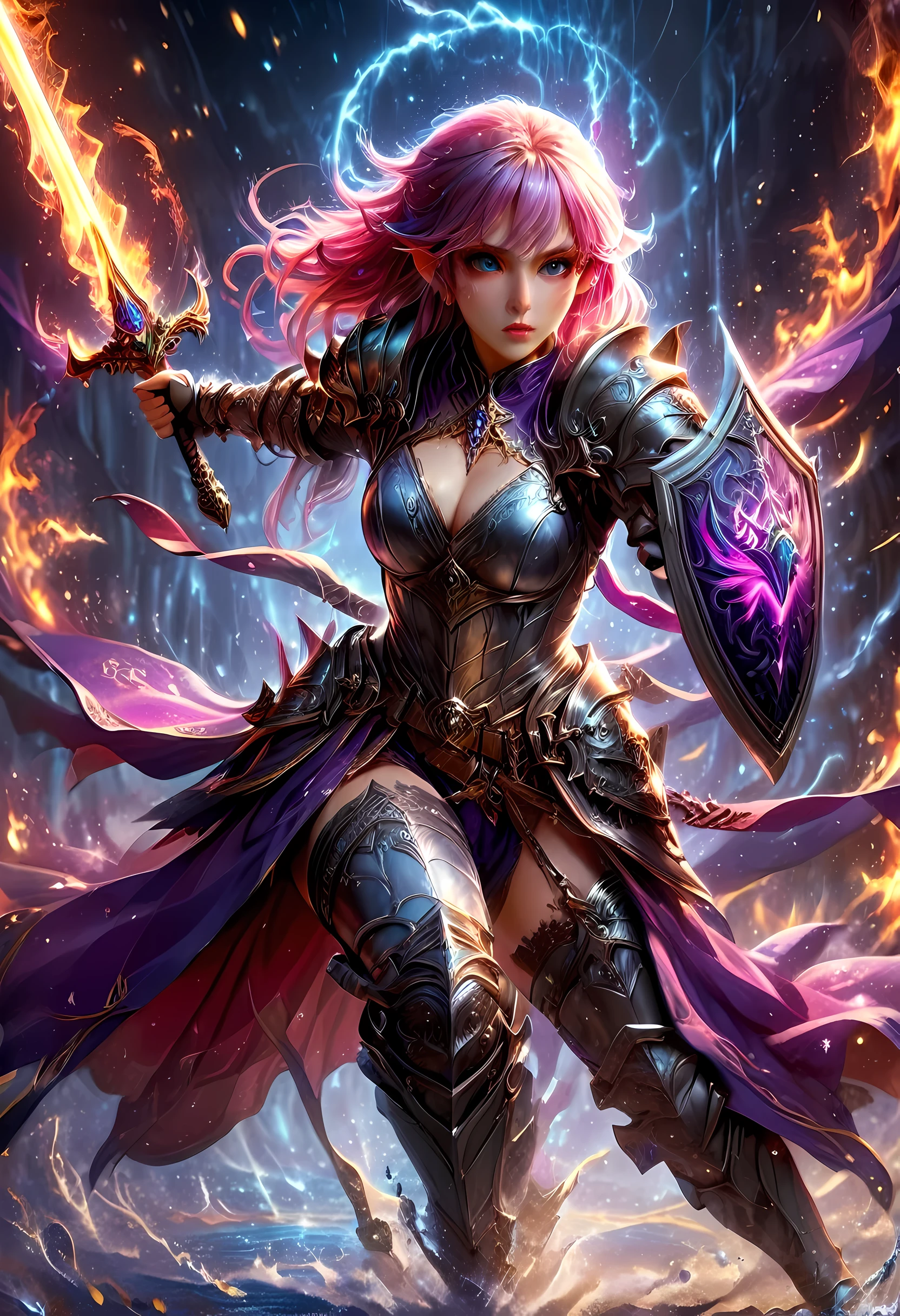 a picture of a female elf (intense details, Masterpiece, best quality: 1.5) fantasy swashbuckler, fantasy fencer, armed with a slim sword, shinning sword, metallic shine, colorful clothes, dynamic clothing, an ultra wide shot, full body (intense details, Masterpiece, best quality: 1.5)epic beautiful female elf (intense details, Masterpiece, best quality: 1.5), rich hair, braided hair, small pointed ears, GlowingRunes_pink [colorful magical sigils in the air],[ colorful arcane markings floating] (intricate details, Masterpiece, best quality: 1.6), holding a [sword] (intricate details, Masterpiece, best quality: 1.6) holding a [sword glowing in red light]fantasy urban street (intense details, Masterpiece, best quality: 1.5),  purple cloak, long cloak (intense details, Masterpiece, best quality: 1.5), sense of daring, sense of adventure,  high details, best quality, 8k, [ultra detailed], masterpiece, best quality, (extremely detailed), dynamic angle, ultra wide shot, photorealistic, RAW, fantasy art, dnd art,fantasy art, realistic art, faize, Sword and shield