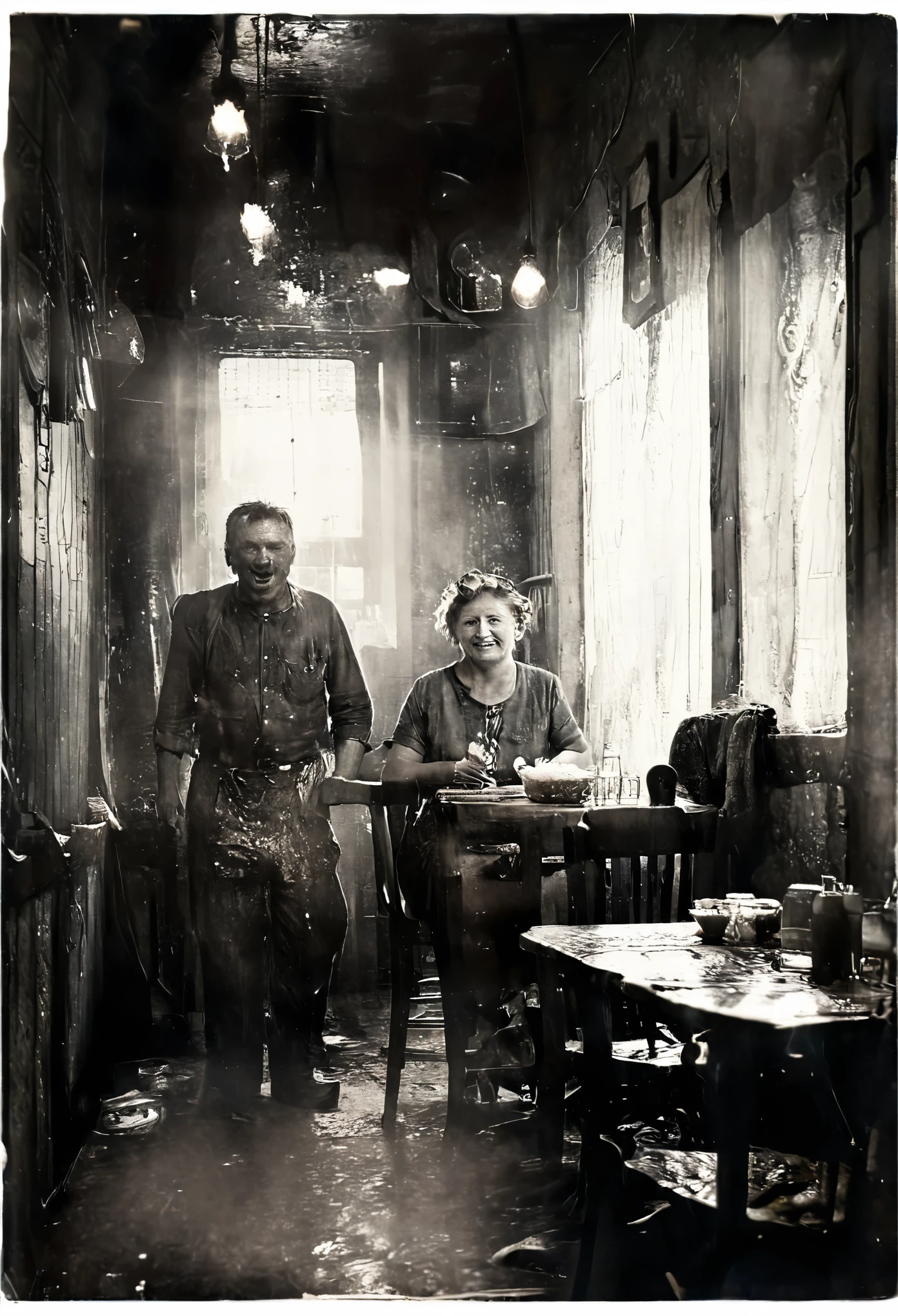 (((A miner having dinner with his wife))), ((( Old and dirty clothes of working class laborers))) (((Clothes hanging in the small restaurant,The wallpaper is also tattered, Old and faded.))) ((( Photorealism style, 1937),((Master Peace Photography))) , ((hardworking people)), ((Mina looks hungry.,It's nice to see my wife cooking.)) ((He didn't wash first..)) ((Dust and dirt on the face)), Professional lighting,Professional photographer,Window lighting,Rim Light,warm and,happy time
