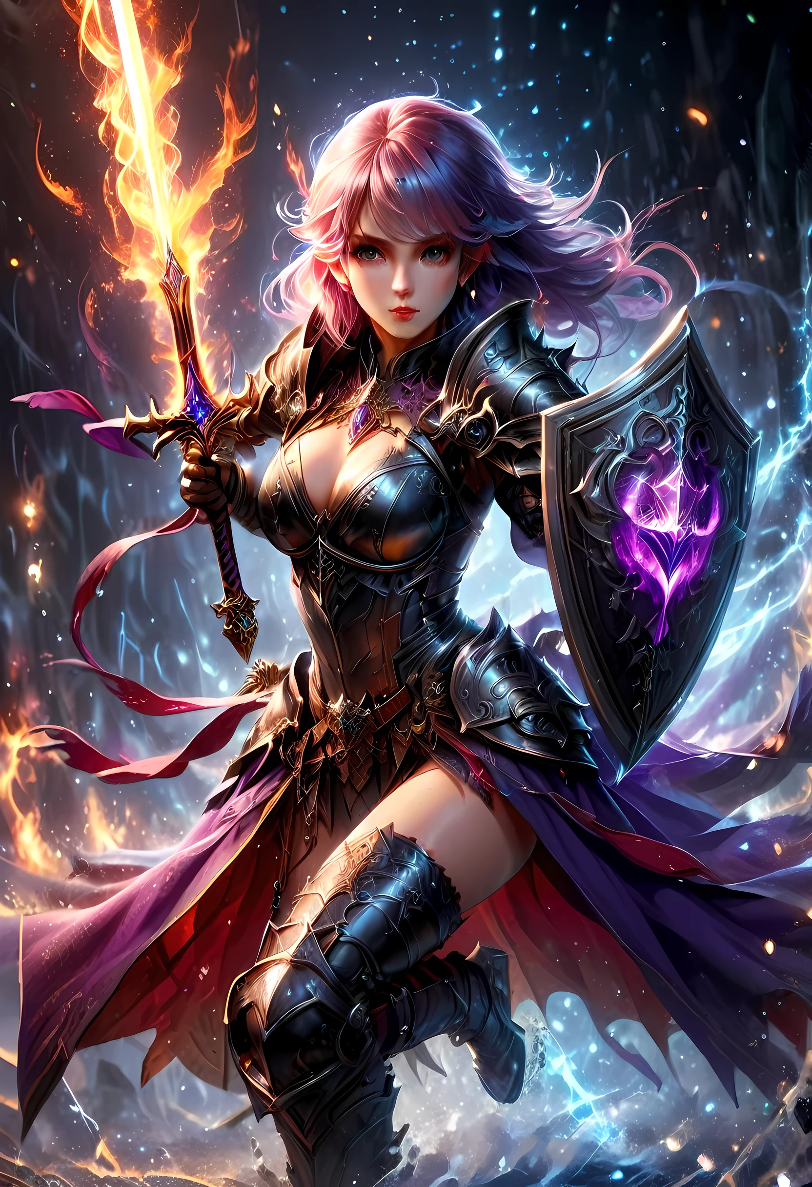 a picture of a female elf (intense details, Masterpiece, best quality: 1.5) fantasy swashbuckler, fantasy fencer, armed with a slim sword, shinning sword, metallic shine, colorful clothes, dynamic clothing, an ultra wide shot, full body (intense details, Masterpiece, best quality: 1.5)epic beautiful female elf (intense details, Masterpiece, best quality: 1.5), rich hair, braided hair, small pointed ears, GlowingRunes_pink [colorful magical sigils in the air],[ colorful arcane markings floating] (intricate details, Masterpiece, best quality: 1.6), holding a [sword] (intricate details, Masterpiece, best quality: 1.6) holding a [sword glowing in red light]fantasy urban street (intense details, Masterpiece, best quality: 1.5),  purple cloak, long cloak (intense details, Masterpiece, best quality: 1.5), sense of daring, sense of adventure,  high details, best quality, 8k, [ultra detailed], masterpiece, best quality, (extremely detailed), dynamic angle, ultra wide shot, photorealistic, RAW, fantasy art, dnd art,fantasy art, realistic art, faize, Sword and shield