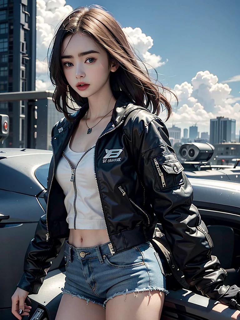 Lily Collins,Tall figure,skin,Upper body shorts,Medium shorts,buttons,zipper,Complex workmanship,icon,company logo,Emit blue light,background with,future technology,cyberpunk city,,big gear,wind,Blue sky and white clouds,