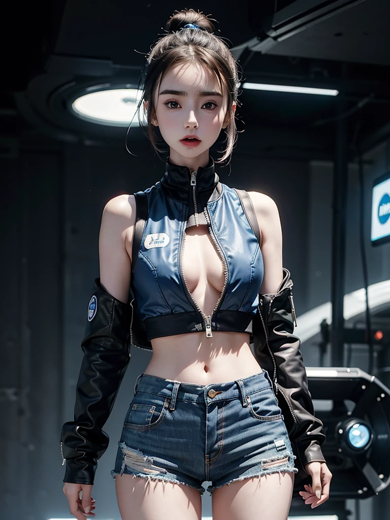 Lily Collins,Tall figure，skin，Upper body shorts，Medium shorts，buttons，zipper，Complex workmanship，icon，company logo，Emit blue light，background with，future technology，cyberpunk city，，big gear，wind，Blue sky and white clouds，