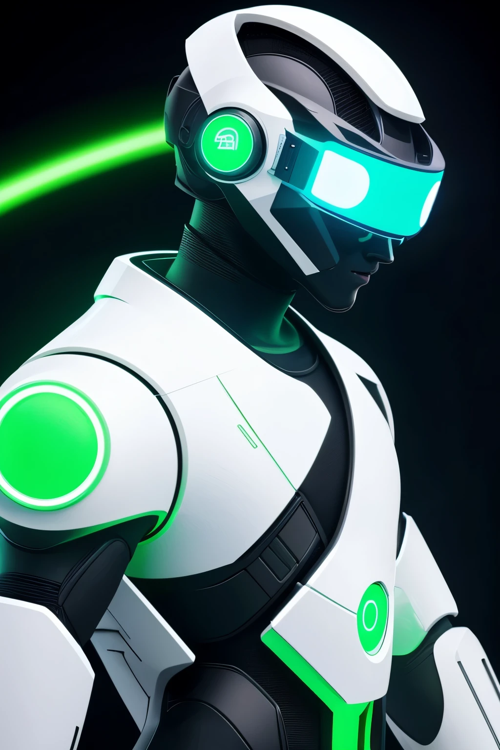 A white robotic-style Male asexual figure with a faceless person wearing white VR glasses metaquest. The person is wearing a neon green perfect circle as an accessory. The background is pure black. The image is of high definition, with an 8K resolution, ensuring the best quality and sharpness. Additional details: The figure has sleek and clean lines, giving it a futuristic and modern appearance. The VR glasses are reflective and add a sense of technology. The neon green perfect circle stands out, symbolizing a technological interface or a futuristic element. Highlighting the figure and the circle. The absence of facial features adds an element of anonymity and intrigue to the person. The image has a robotic-style aesthetic, with a focus on modern technology and a clean, minimalist design. Art style: Robotic-style, futuristic, minimalist, Male asexual figure. Color palette: The dominant colors in the image are white, black, and neon green. The white color represents the futuristic and clean aesthetic of the figure, while the black background adds contrast and mystery. The neon green color of the perfect circle adds a pop of vibrant color and emphasizes the technological aspect. Lighting: The image has a soft, ambient lighting that illuminates the figure and the perfect circle without casting harsh shadows. The lighting enhances the futuristic and sleek appearance of the figure and highlights the neon green color.