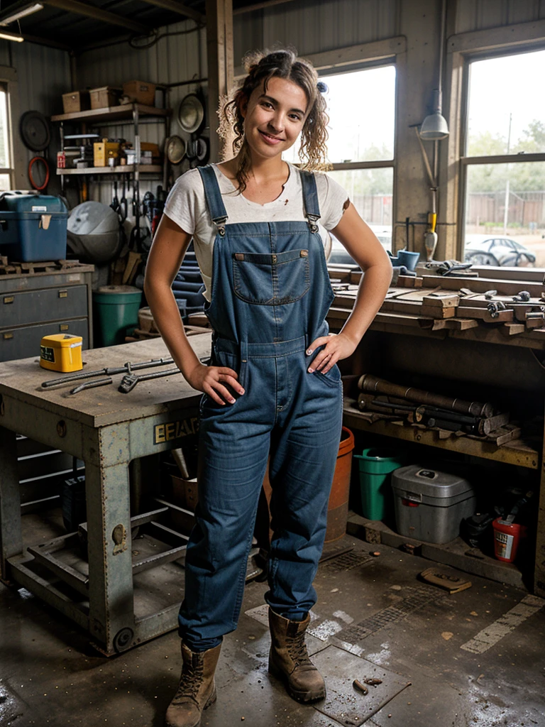 beautiful girl dressed as a mechanic in mechanic overalls inside a workshop,girl with attractive appearance,bright smile,strong and confident gaze,curly hair tied back,grease-stained hands,wrench in hand,dirty and worn-out work boots,working on a car engine,leaning against a toolbox,standing next to a car lift,tools scattered on the workbench,rows of tool drawers,workbench filled with car parts and tools,concrete floor covered in oil stains,well-lit workshop with large windows,vibrant colors and high contrast,photorealistic with sharp details and textures
