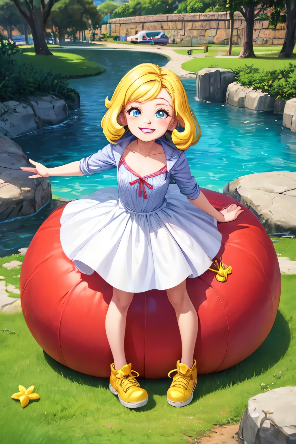 Desenho animado, polly pocket uma garota loira de olhos azuis com roupa colorida e aventureira sorrindente