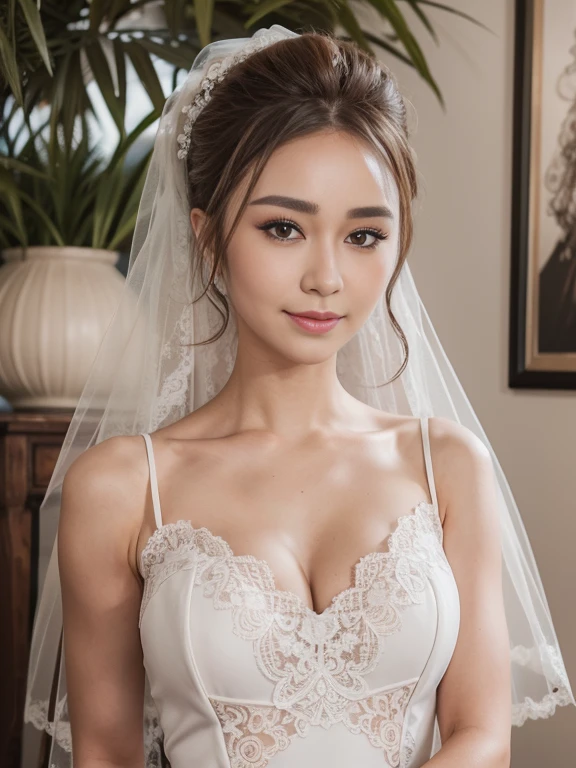 (1girl), ponytail, Extremely cute face, Amazing face and eyes, (Highly detailed eyes, Highly detailed face), fresh, Very clean appearance, (Hyper-realistic, hight resolution), (Best Quality:1.4), (hyper quality), Authentic skin texture, Raw photo, (Realistic, Photorealsitic:1.37), highly detailed, Professional Photography, (beautiful lace bridal dress:1.5), (lace bridal dress with open front), (cleavage:1.2), (Bare shoulders), Smile slightly, (Staring at me), luxury living room, girl portrait,