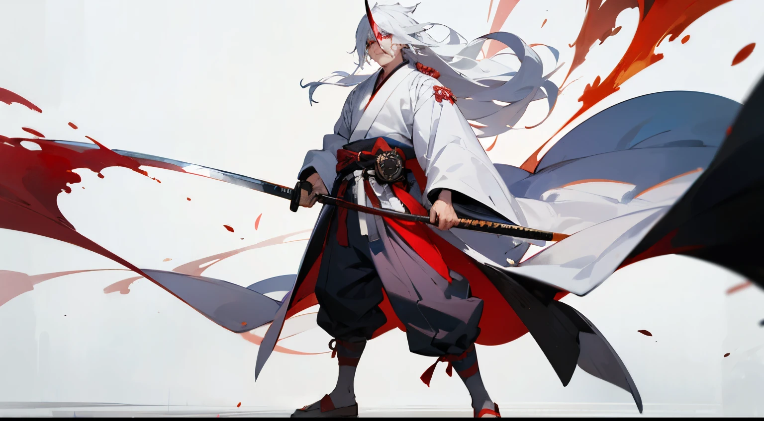 masterpiece, best quality, high resolution, anime style, male, whole body, Anime Character, Long hair, White hair, Blindness in the left eye, Bandage on the left eye,Red pupil,Samurai sword,Standing,white mask