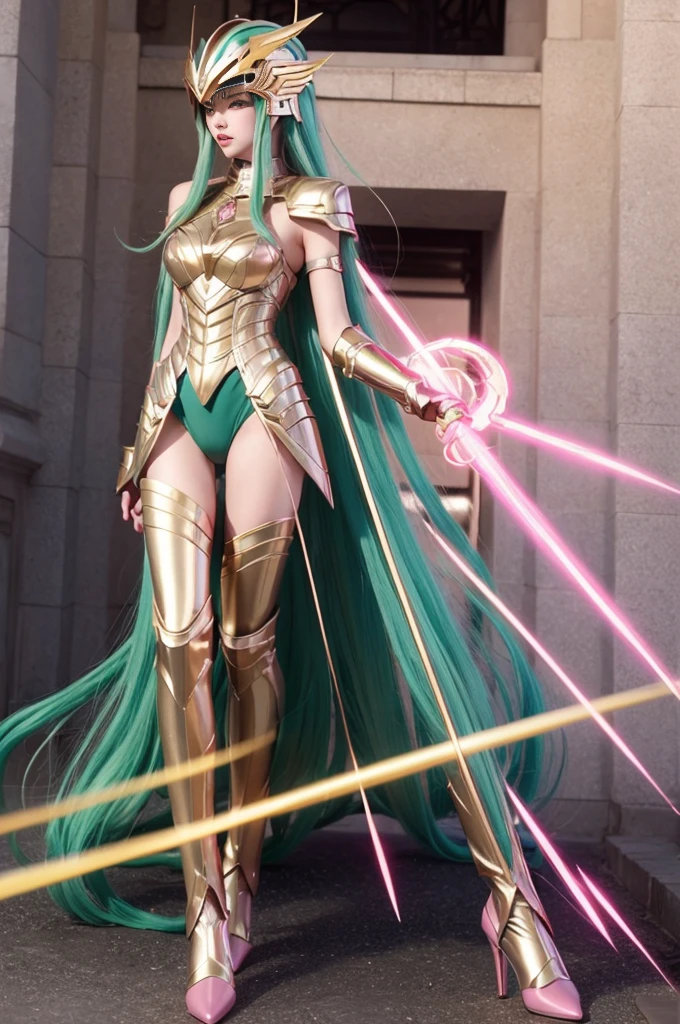 realistic image 8k, 1 beautiful girl full body of (long wavy green hair), slim waist, (saint seiya shun andromeda armor of metallic pink color), (helmet  metallic pink color)