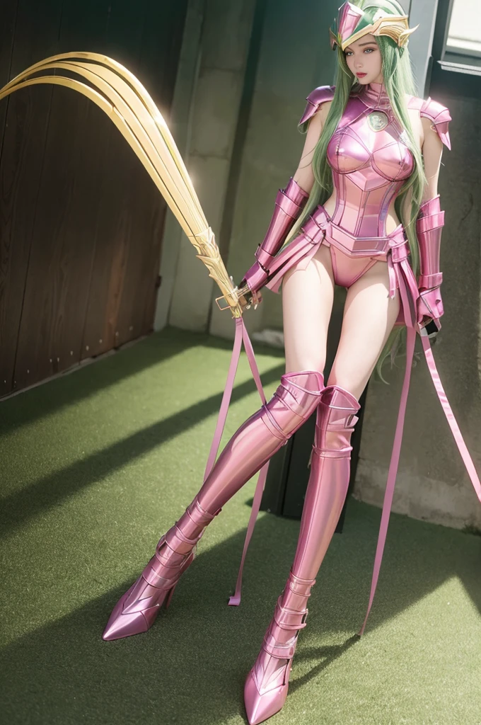 realistic image 8k, 1 beautiful girl full body of (long wavy green hair), slim waist, (saint seiya shun andromeda armor of metallic pink color), (helmet  metallic pink color)