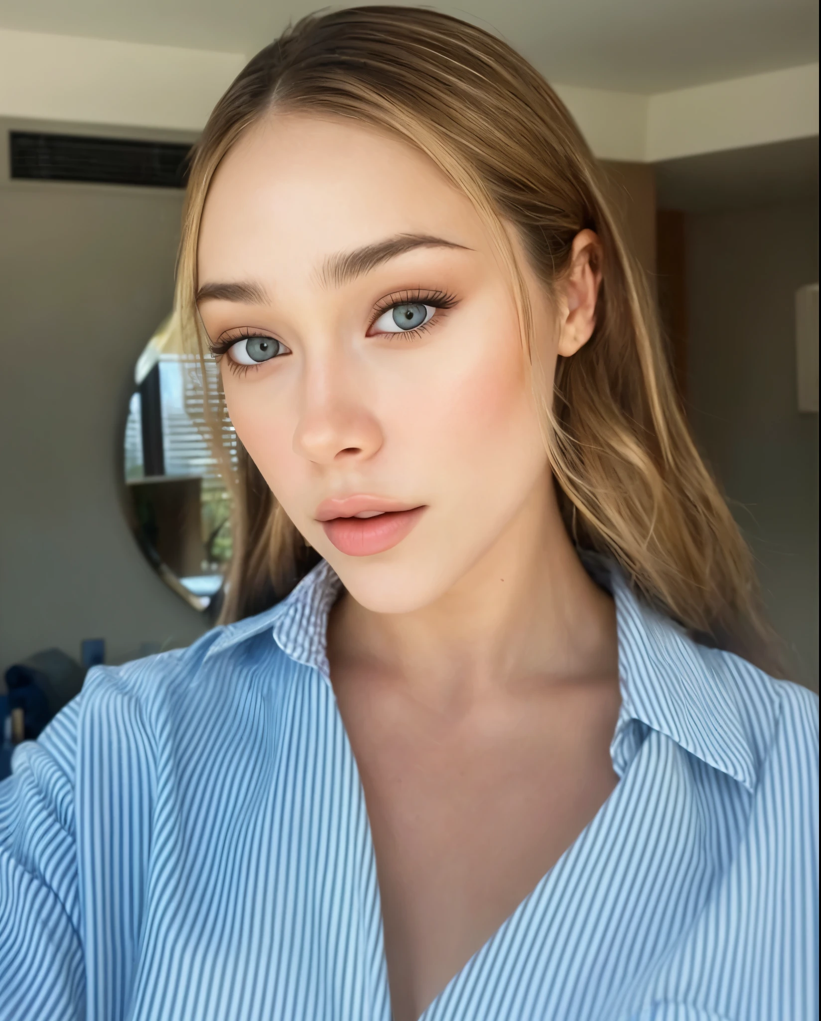 a woman with long hair and a blue shirt looking at the camera, cara sexy con maquillaje completo, sydney sweeney, imagen filtrada, mirada sensual, Apariencia guay, belleza asombrosa, belleza asombrosa, cara perfecta, con maquillaje profesional, maquillaje sutil, with high cheekbones, Sofia Turner, hermosos rasgos faciales finos, resplandeciente, rostro perfectamente iluminado, por Stephen Greene