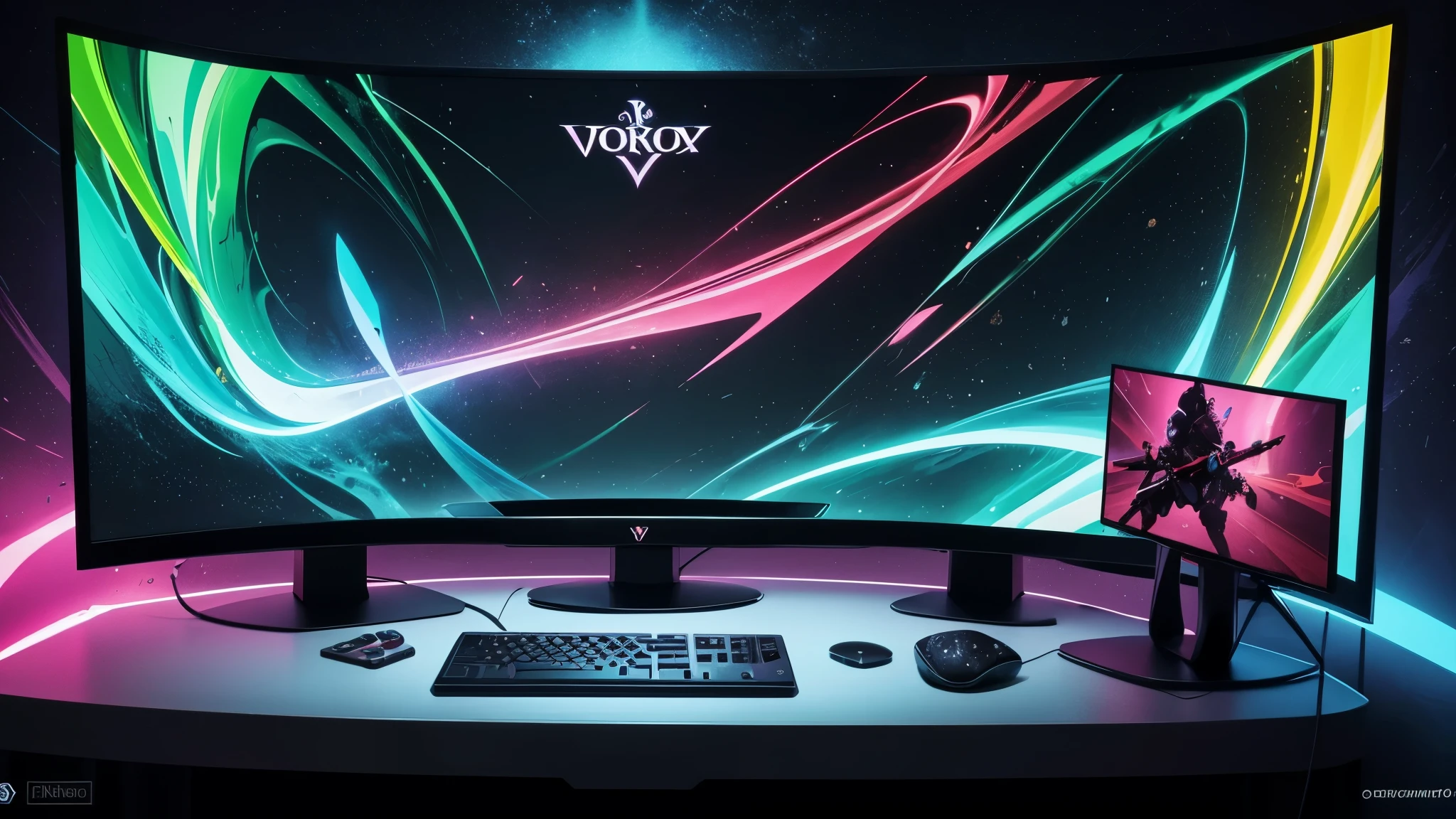 "Create an abstract image that captures the essence of gaming in a solid color scheme. The image must be in Full HD resolution, com tamanho de 2560 x 1440 pixels. O design deve incorporar elementos de jogos, como controles, consoles de jogos ou personagens de jogos, de forma estilizada e abstrata. O esquema de cores deve ser ousado e vibrante, focusing on a single color or a limited color palette. The overall effect should be a dynamic, immersive image that will appeal to gamers and fans of vibrant, dynamic abstract art in Full HD resolution., com um tema de jogos. A imagem deve apresentar uma rica paleta de cores de tons neon, evocando a atmosfera de uma futurista. Em primeiro plano, there should be a stylized representation of a game controller, with its buttons and joysticks forming intricate geometric patterns. O fundo deve apresentar uma grade brilhante, sugerindo o mundo digital dos jogos. O efeito geral deve ser uma mistura harmoniosa de arte abstrata e cultura de jogos, splash art, A whirlwind of colors green black red, The vortex is made up of several game elements, como controladores de jogo, power-ups. with a giant holographic screen displaying a game in progress. The overall effect is a dynamic, immersive gaming experience that draws the viewer in, concept art