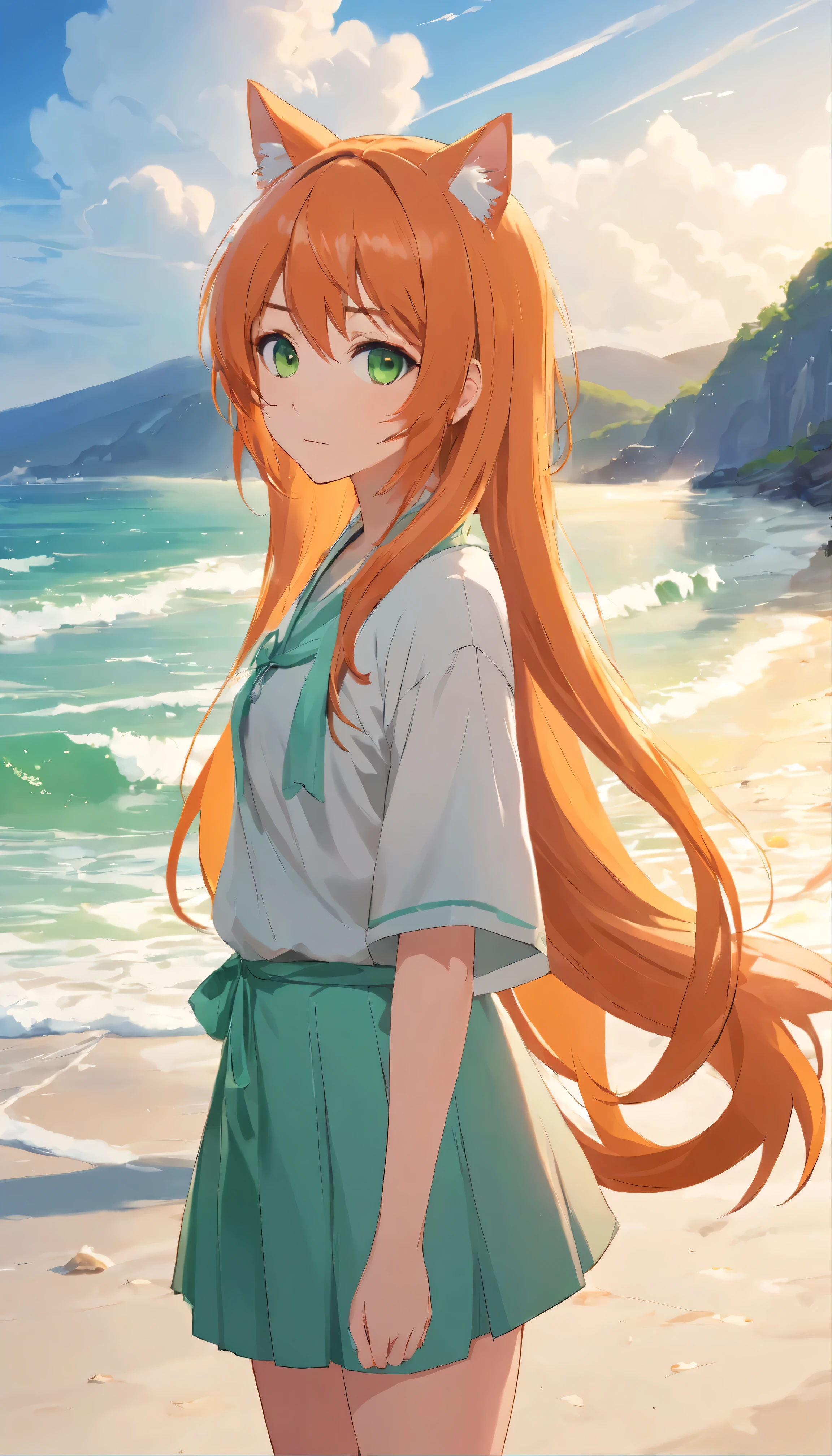 Anime girl with long orange hair, standing on the beach near the ocean, green eyes detailed digital anime art, cat ear, anime girl with long hair, гладкое аниме cg art, anime girl with long hair, digital anime art, work in Guweiz style, Beautiful anime portrait, Photorealistic render of an anime girl, Beautiful anime girl, advanced digital anime art, guweiz на artstation pixiv HD UHD HQ