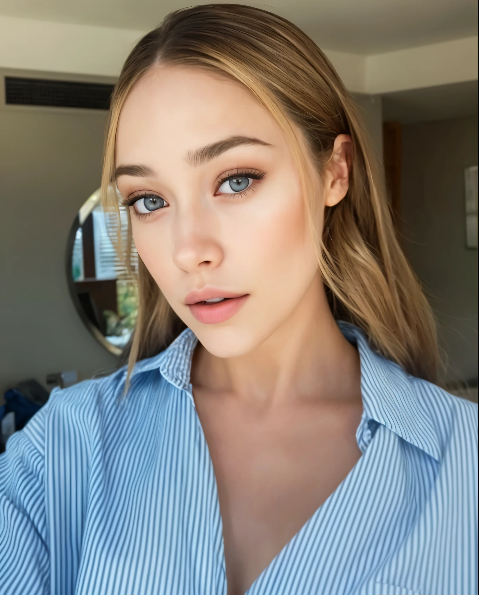 a woman with long hair and a blue shirt looking at the camera, cara sexy con maquillaje completo, sydney sweeney, imagen filtrada, mirada sensual, Apariencia guay, belleza asombrosa, belleza asombrosa, cara perfecta, con maquillaje profesional, maquillaje sutil, with high cheekbones, Sofia Turner, hermosos rasgos faciales finos, resplandeciente, rostro perfectamente iluminado, por Stephen Greene