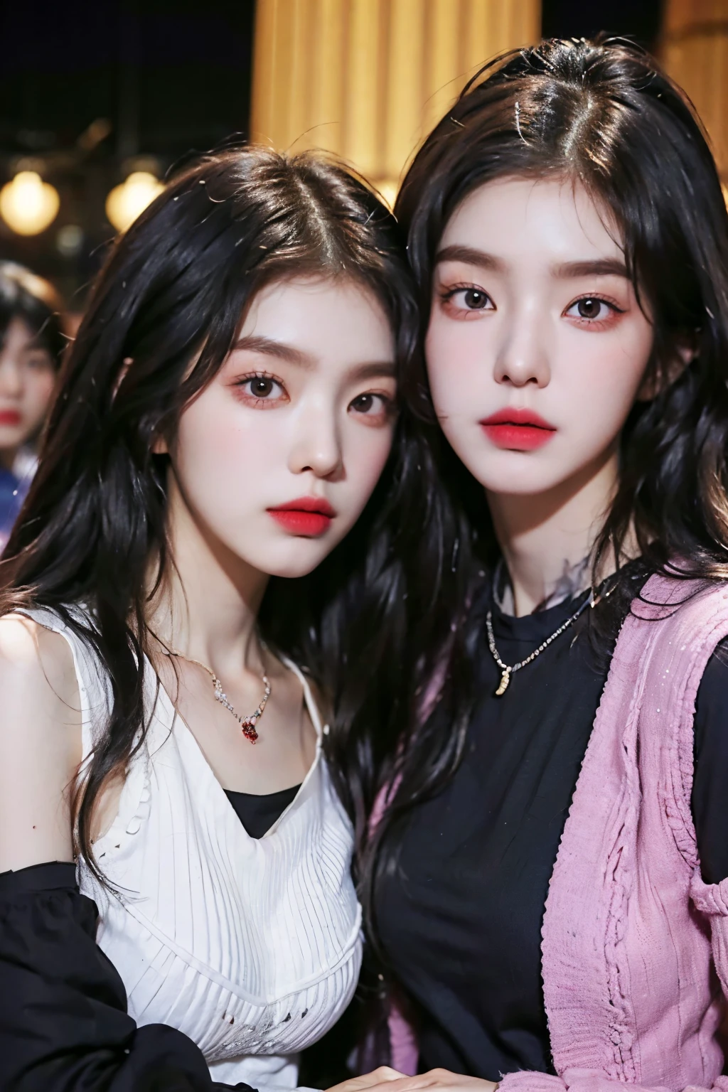 Two araped women with long black hair dressed in multi-colored fashionable clothes, twins, Popular fashion in Korea, Cerveza Soft Devil Queen Madison, Violet Myers, No makeup, wavy hair, Madison Beer, without makeup, Profile picture, Use Instagram Filters, Subtle soft and dim light, perfect face, julia sardinian, perfect hands,