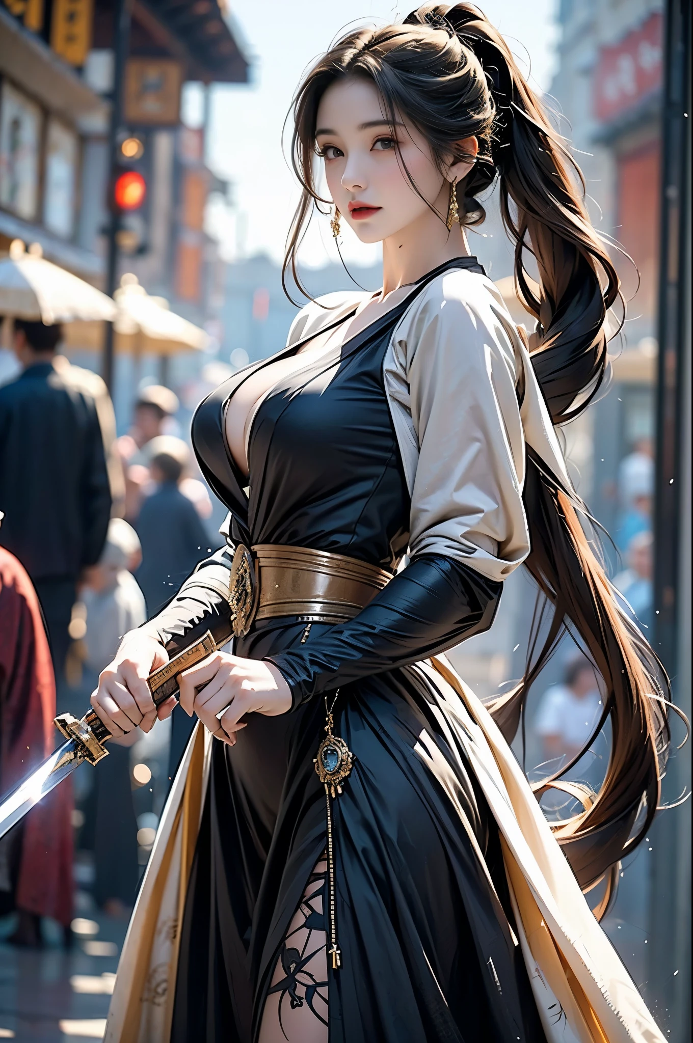20 year old woman swordsman, wielding a sword in front of her,light armor,long black hair,perfect face, huge breasts,slim waist, wide hips, thick thighs,long legs,
