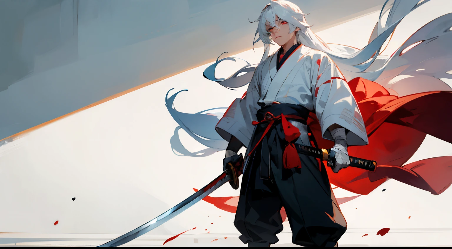 masterpiece, best quality, high resolution, anime style, male, whole body, Anime Character, Long hair, White hair, Blindness in the left eye, Bandage on the left eye，Red pupil，Samurai sword，Standing，white mask