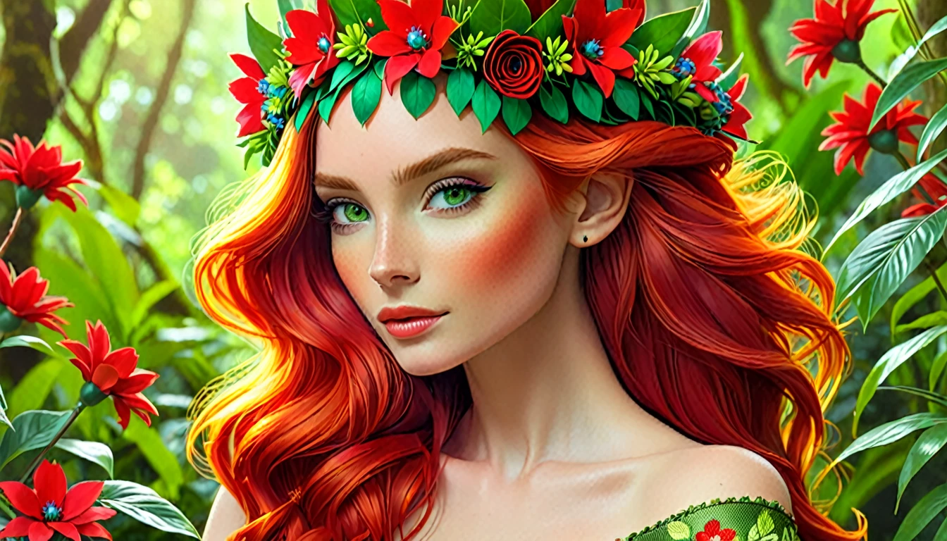 The image portrays a young woman with striking red hair, adorned with a crown of vibrant red flowers and lush green leaves. Her eyes, a captivating shade of green, seem to sparkle with a hint of mischief. She is dressed in a green top that complements the floral crown, adding to the overall harmony of the scene. The background is a lush tapestry of greenery, with various plants and flowers that blend seamlessly with her attire and the floral crown. The image exudes a sense of tranquility and natural beauty, as if the woman is a living embodiment of the forest's enchantment.