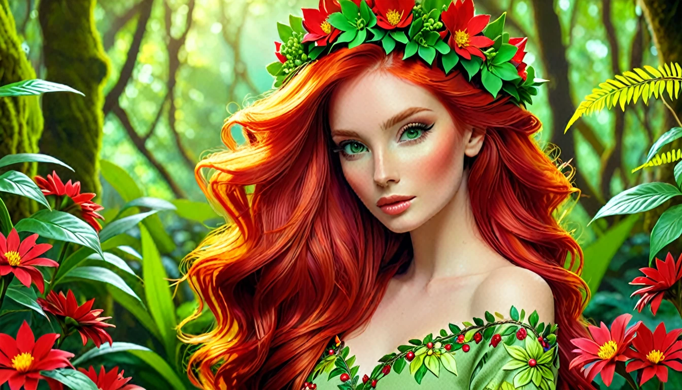 The image portrays a young woman with striking red hair, adorned with a crown of vibrant red flowers and lush green leaves. Her eyes, a captivating shade of green, seem to sparkle with a hint of mischief. She is dressed in a green top that complements the floral crown, adding to the overall harmony of the scene. The background is a lush tapestry of greenery, with various plants and flowers that blend seamlessly with her attire and the floral crown. The image exudes a sense of tranquility and natural beauty, as if the woman is a living embodiment of the forest's enchantment.
