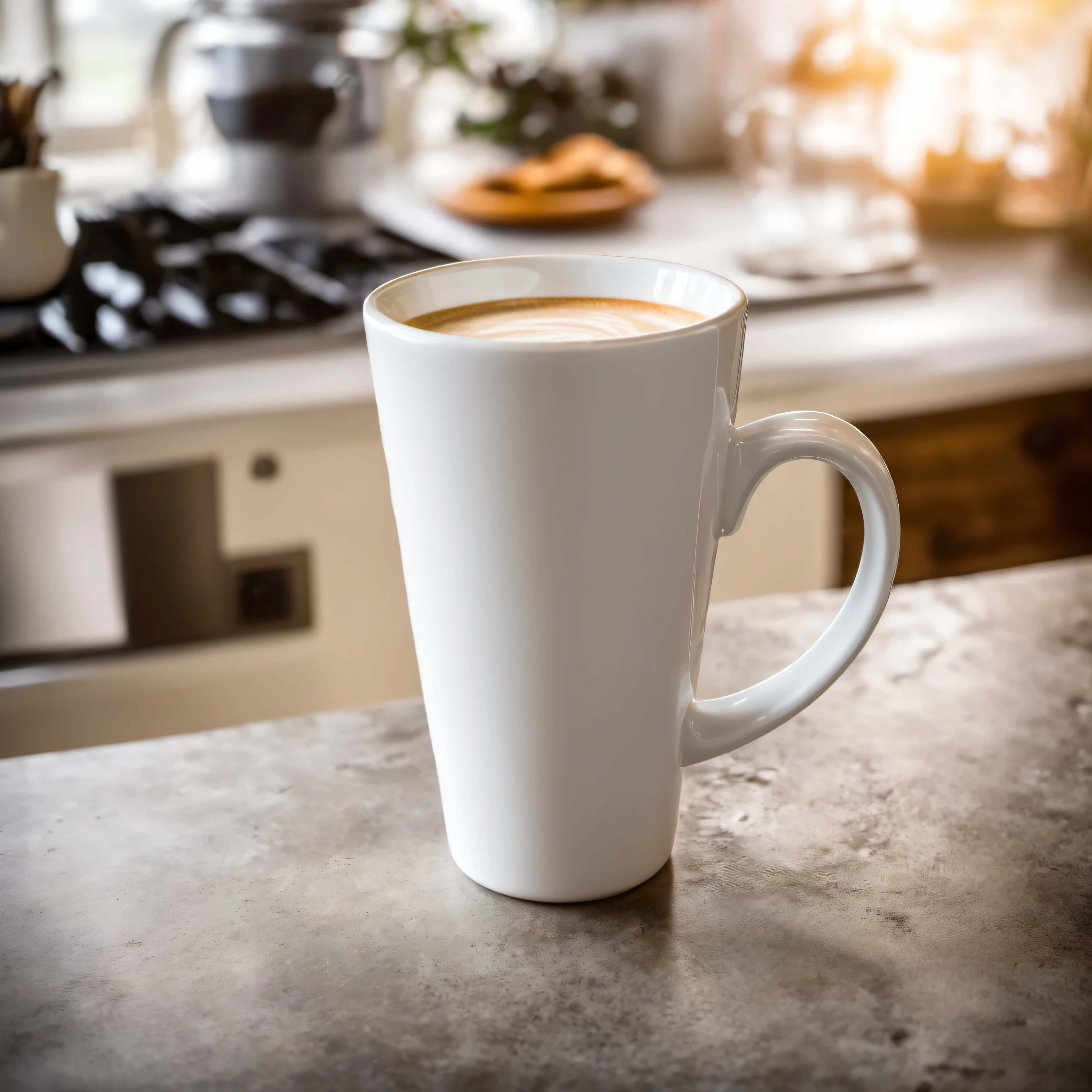 white latte mug standing in rustic kitchen, professional photography, sony a7 photo, shallow depth of field, bright