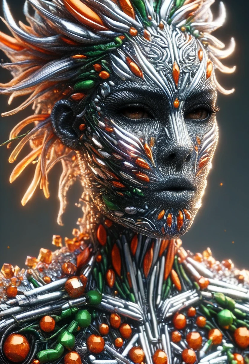 full body, wide shot, Unreal Engine: 1.4, CG 32K ultra-realistic, photorealistic: 1.4, skin texture: 1.4, masterpiece: 1.4, portrait Unreal Engine: 1.4, CG K ultrarealistic: 1.6, photorealistic: 1.6, skin texture: 1.6, masterpiece: 1.4, close up photograph :1.4,, full body, wearing a gas mask in the army, Biological warrior, Evolutionary, Toxin, Biological weapons, warriors, green:1.5, orange:1.1, white:1.3, yellow:1.3, (rapper with scary hair), tattoos, (power puffer clothing:1.2),Abstract lines and circles background.