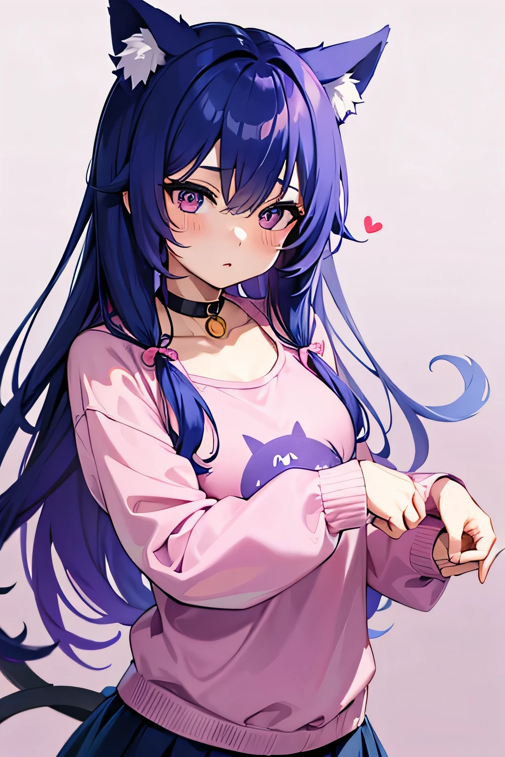 anime cat girl, hair blue and pink, with purple background, with simple and cute clothes