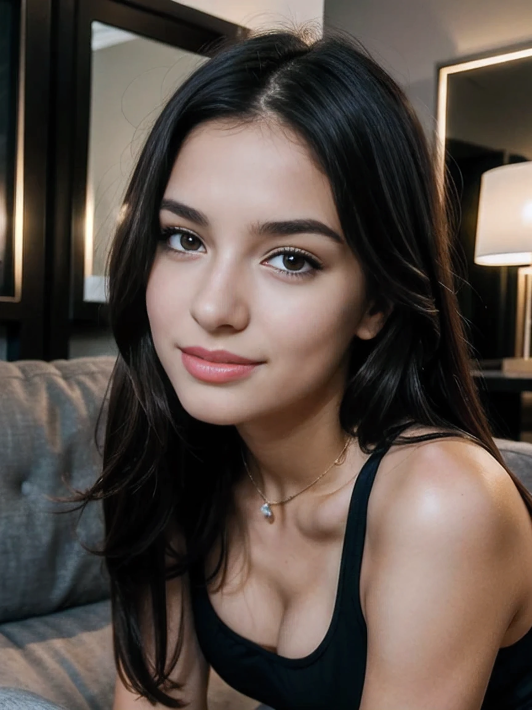 18 years old, young, beautiful TikTok influencer, e-girl. European woman with long Black hair. Her face has no make-up and is naturally beautiful. Female body. She looks very cute and . She is wearing a sports bra with a wide neckline and leggings. Natural small . Her face and neck are seen in close-up, very close, very close, photographed from the front, on a couch. Sitting bent forward, . The room where the couch is located is decorated very simply. It shows the scene where she gives a happy expression to the camera, opens her mouth and smiles. The two hands are on her  and holding her , she is almost touching her . The image was taken in a living room and presents itself as a masterpiece of the highest quality in exceptionally high-quality 8K resolution. Her body is particularly highlighted and the beautifully detailed facial features underline her hyper-realistic appearance. Both her face and body are extremely detailed, every facet of her  is carefully crafted, including perfect hands and . The lighting was perfectly adjusted to highlight the details. The overall presentation of the image tells the story of a party disco, brought to life through breathtaking quality and attention to detail.