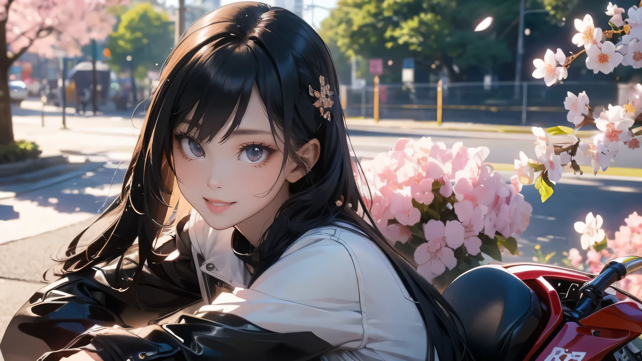 (girl riding a motorcycle:1.2),A park where cherry blossoms dance,high school girl,(random cute pose),(random hairstyle),(Highest image quality,(8K), Ultra-realistic, Best Quality, High quality, High Definition, high quality texture, high detailing, Beautiful detailed, fine detailed, extremely details CG, Detailed texture, realistic representation of face, masterpiece, presence)