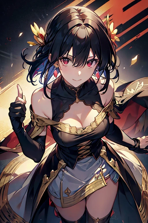 yor briar, anime style beutiful woman, 1girl,fullbody, happy, smile, red face, closed mouth, beautiful detailed eyes, super detailed skin, backlighting, bare shoulders, black background, black dress, black gloves, black hair, breasts, dress, earrings, fingerless gloves, floating hair, floral print, flower, gloves, gold earrings, gold hairband, hair flower, hair ornament, hairband, holding, holding weapon, jewelry, large breasts, long hair, looking at viewer, off-shoulder dress, off shoulder,red eyes, short hair with long locks, sidelocks, solo, spikes, thighs, two-sided dress, two-sided fabric, weapon, fighting stance , face, close up, from above, highest quality, high resolution. 