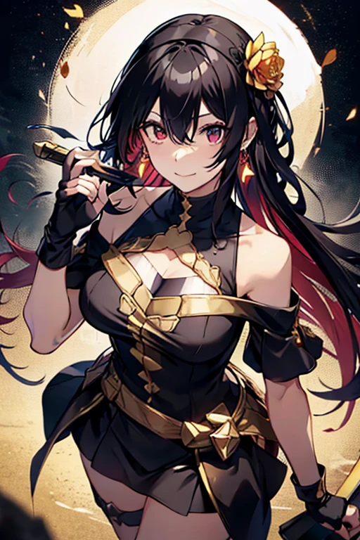 yor briar, anime style beutiful woman, 1girl,fullbody, happy, smile, red face, closed mouth, beautiful detailed eyes, super detailed skin, backlighting, bare shoulders, black background, black dress, black gloves, black hair, breasts, dress, earrings, fingerless gloves, floating hair, floral print, flower, gloves, gold earrings, gold hairband, hair flower, hair ornament, hairband, holding, holding weapon, jewelry, large breasts, long hair, looking at viewer, off-shoulder dress, off shoulder,red eyes, short hair with long locks, sidelocks, solo, spikes, thighs, two-sided dress, two-sided fabric, weapon, fighting stance , face, close up, from above, highest quality, high resolution.