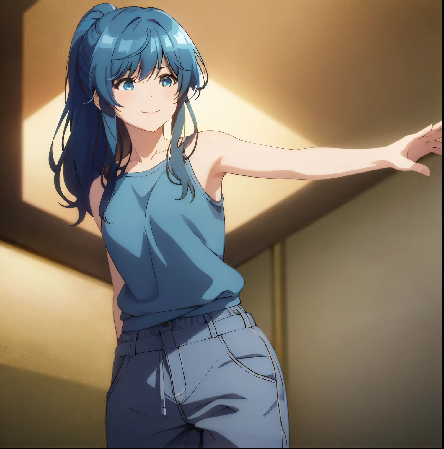 1girl,alone,minami,nanami,best quality,(Masterpiece:1.2),detailed,smile,mouth closed, blue hair, blue eyes, long hair, ponytail, blue shirt, blue tank top, sleeveless, tight black sweatpants, medium breasts, medium waist, wide hips, medium thighs, showing butt, standing, from behind, looking at the viewer, night, forest, perfect anatomy, perfect hands