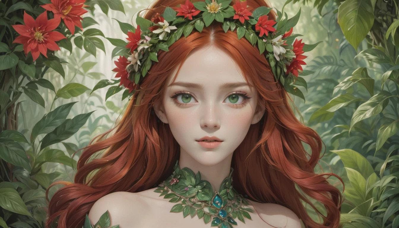 The image portrays a young woman with striking red hair, adorned with a crown of vibrant red flowers and lush green leaves. Her eyes, a captivating shade of green, seem to sparkle with a hint of mischief. She is dressed in a green top that complements the floral crown, adding to the overall harmony of the scene. The background is a lush tapestry of greenery, with various plants and flowers that blend seamlessly with her attire and the floral crown. The image exudes a sense of tranquility and natural beauty, as if the woman is a living embodiment of the forest's enchantment.