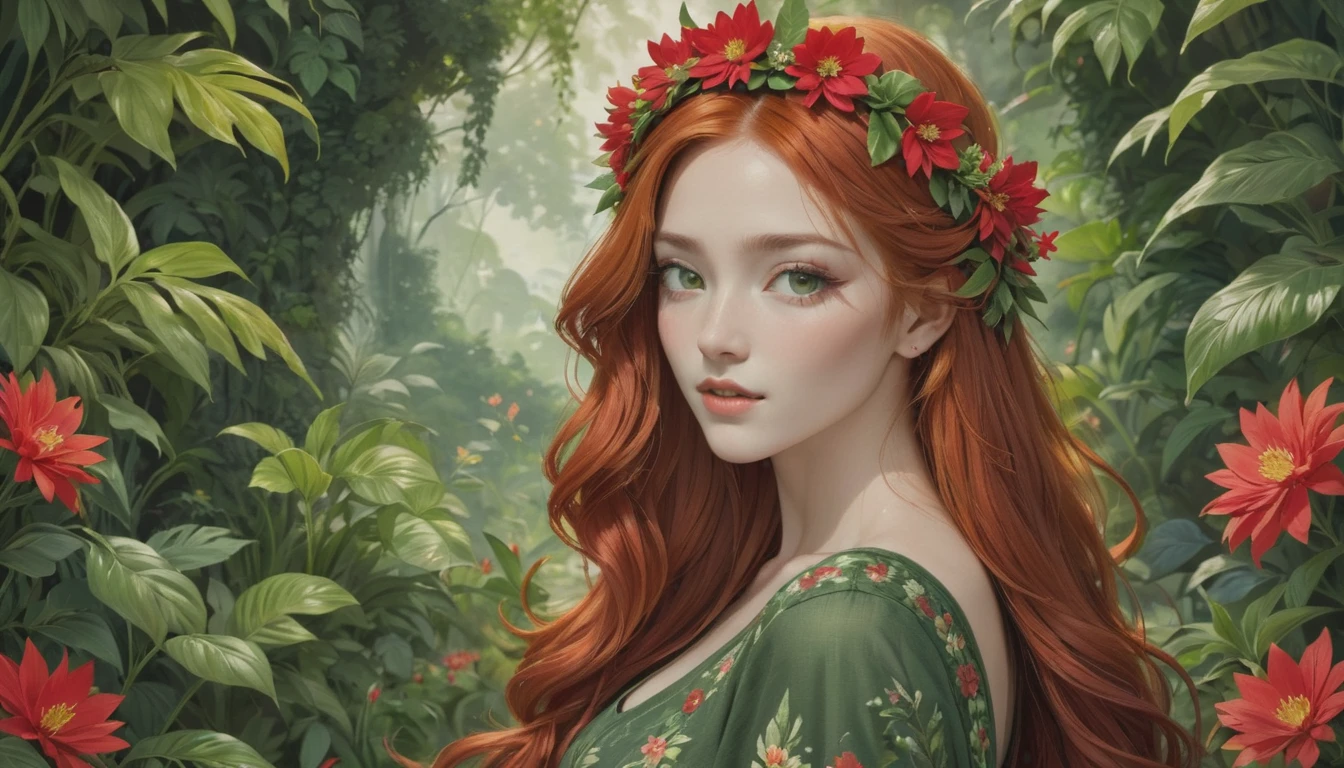 The image portrays a young woman with striking red hair, adorned with a crown of vibrant red flowers and lush green leaves. Her eyes, a captivating shade of green, seem to sparkle with a hint of mischief. She is dressed in a green top that complements the floral crown, adding to the overall harmony of the scene. The background is a lush tapestry of greenery, with various plants and flowers that blend seamlessly with her attire and the floral crown. The image exudes a sense of tranquility and natural beauty, as if the woman is a living embodiment of the forest's enchantment.