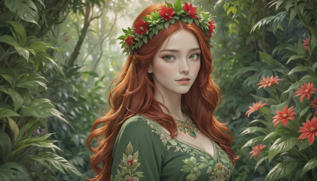 The image portrays a young woman with striking red hair, adorned with a crown of vibrant red flowers and lush green leaves. Her eyes, a captivating shade of green, seem to sparkle with a hint of mischief. She is dressed in a green top that complements the floral crown, adding to the overall harmony of the scene. The background is a lush tapestry of greenery, with various plants and flowers that blend seamlessly with her attire and the floral crown. The image exudes a sense of tranquility and natural beauty, as if the woman is a living embodiment of the forest's enchantment.