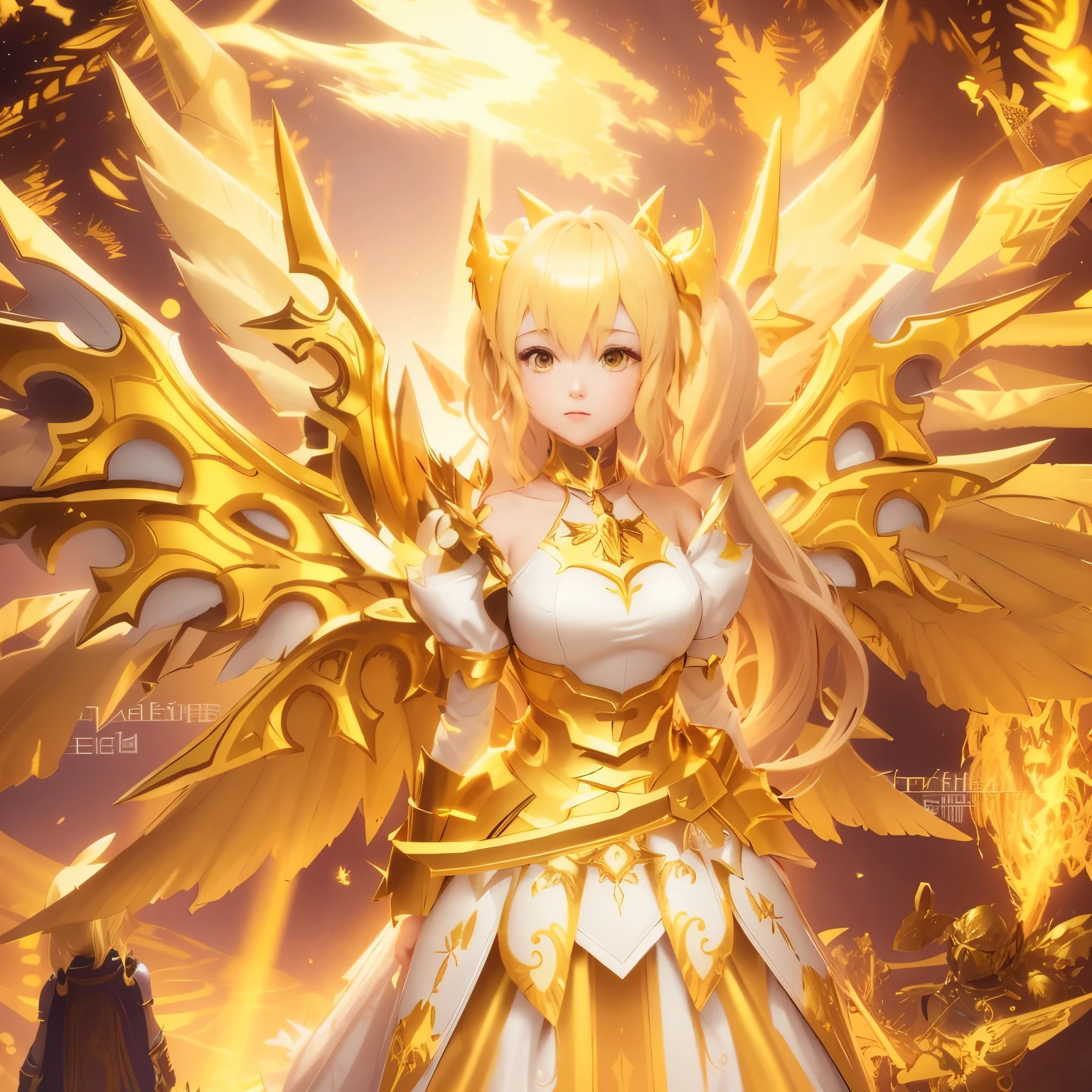 anime - style image of a woman dressed in a yellow dress with wings, angelic golden armor, with fiery golden wings, gear aurora, intricate white and gold armor, gilded lotus princess, with fiery golden wings of flame, angel knight girl, anime goddess, ornate white and gold armour, <mmorpgs scene, heavy white and golden armor, gold and white cloak, anime, best quality, 8k